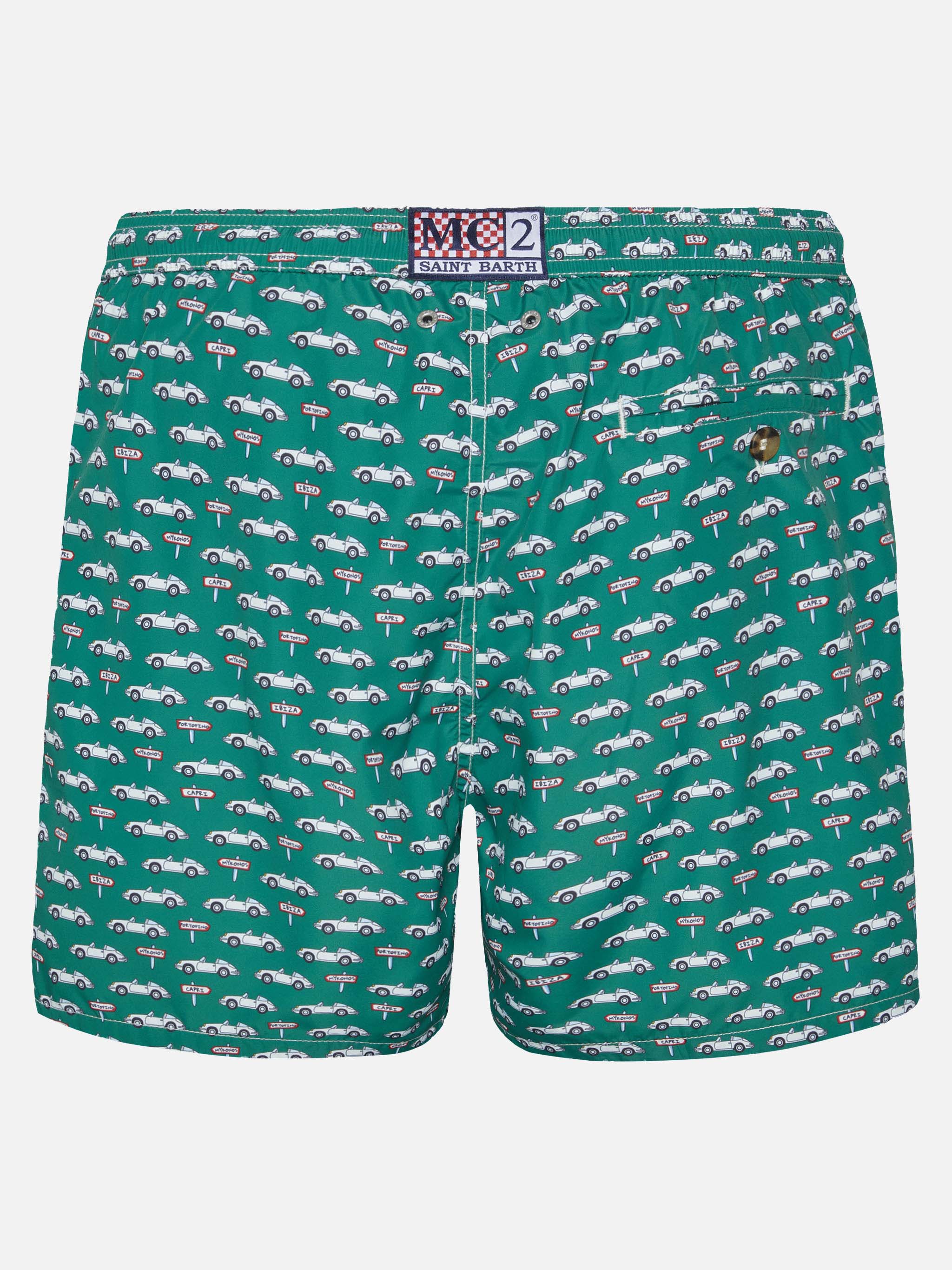 Lightweight Fabric Swim Shorts Lighting With Sporty Car Print Green Swimshort