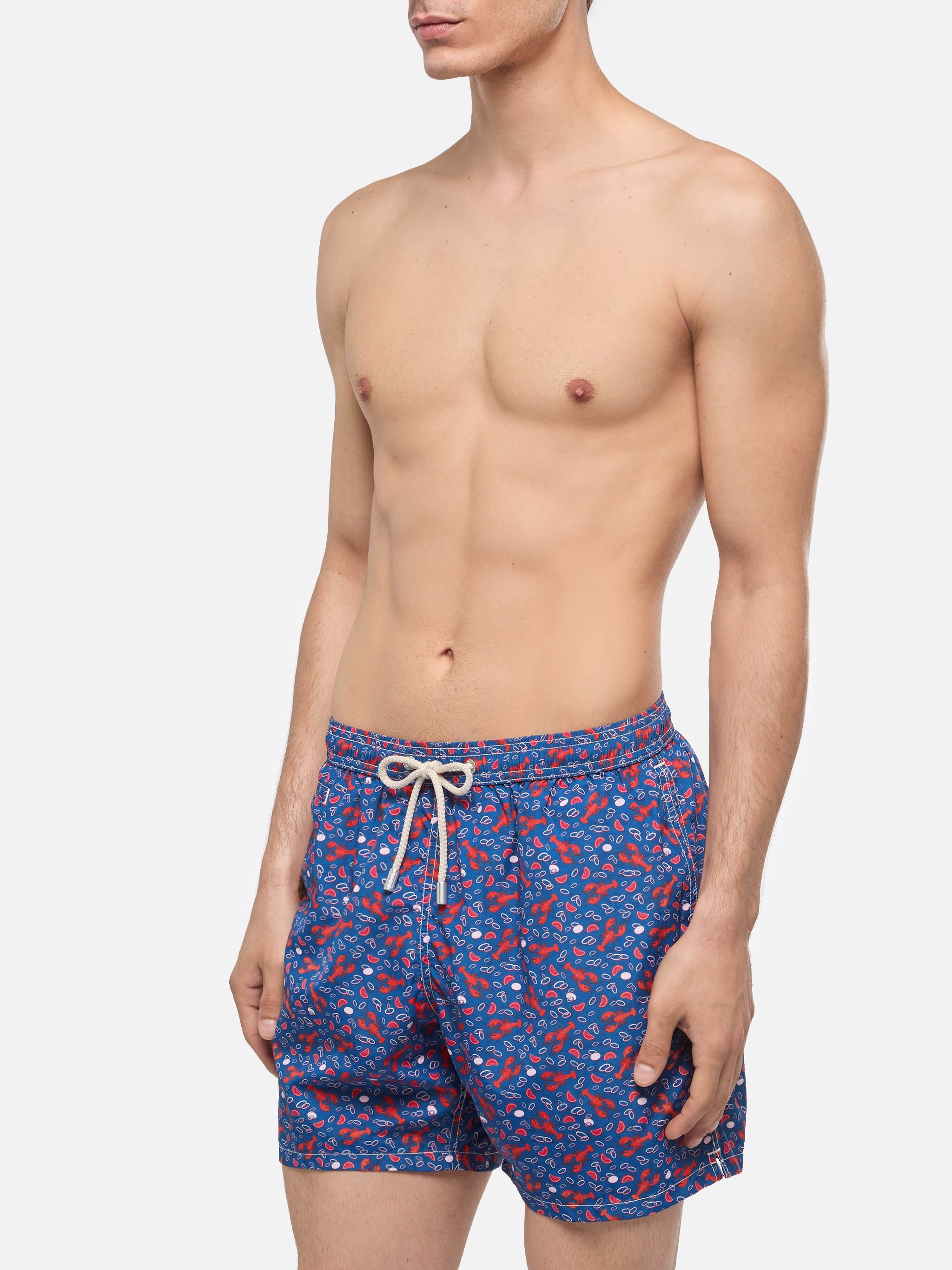 Lightweight Fabric Swim Shorts Lighting With Lobster Print | Trattoria Del Pescatore Blue Swimshort