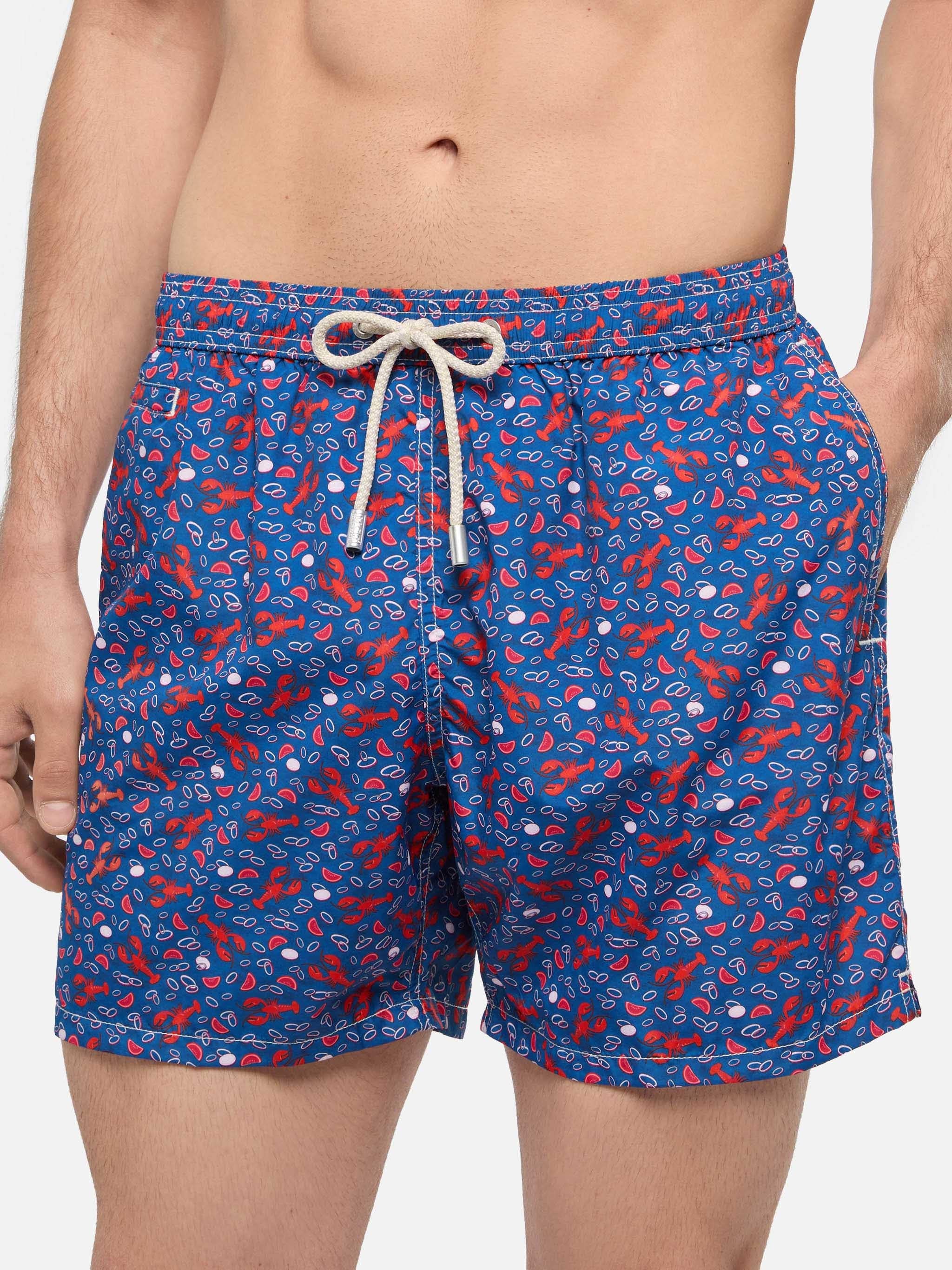 Lightweight Fabric Swim Shorts Lighting With Lobster Print | Trattoria Del Pescatore Blue Swimshort