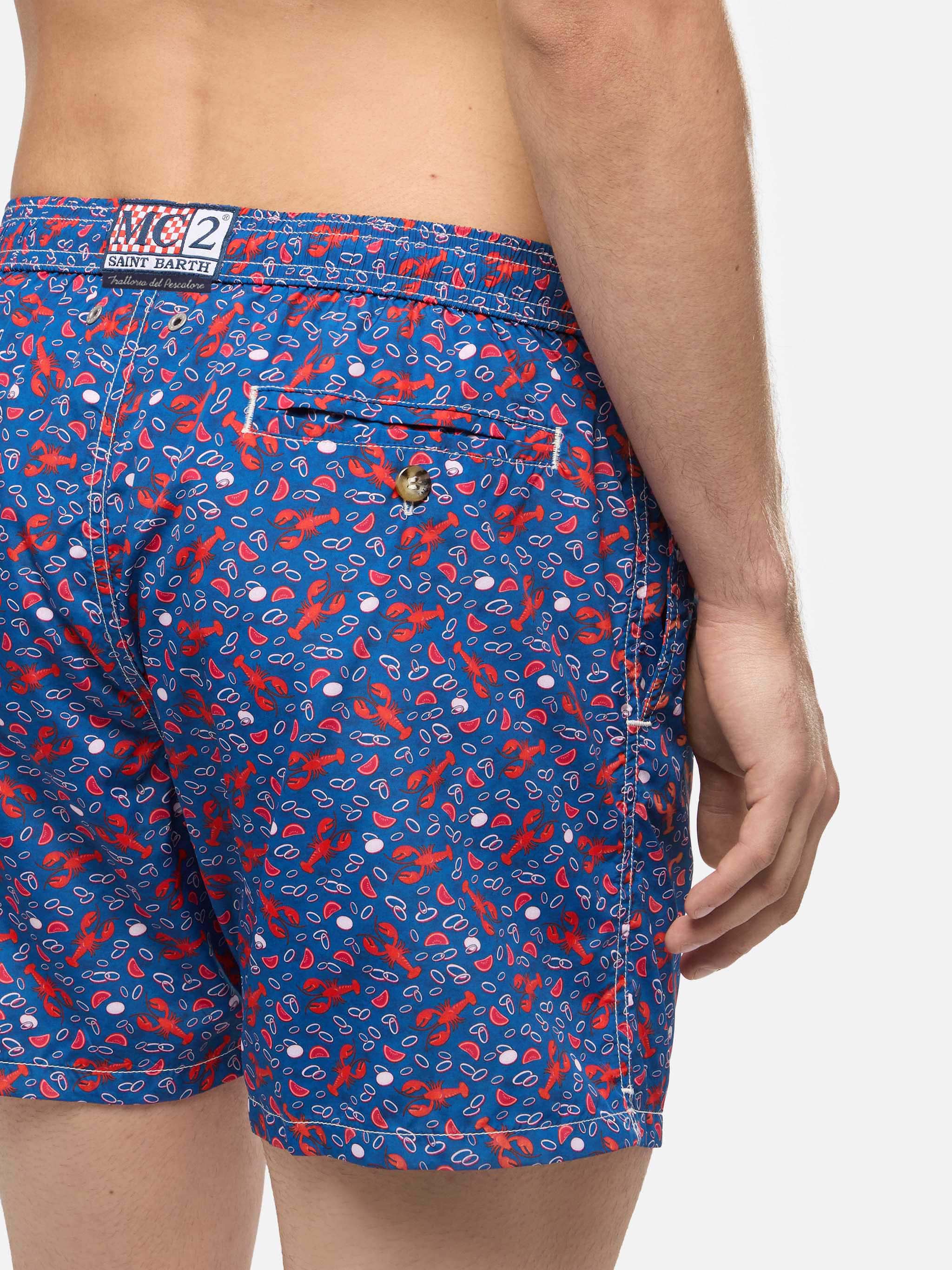 Lightweight Fabric Swim Shorts Lighting With Lobster Print | Trattoria Del Pescatore Blue Swimshort