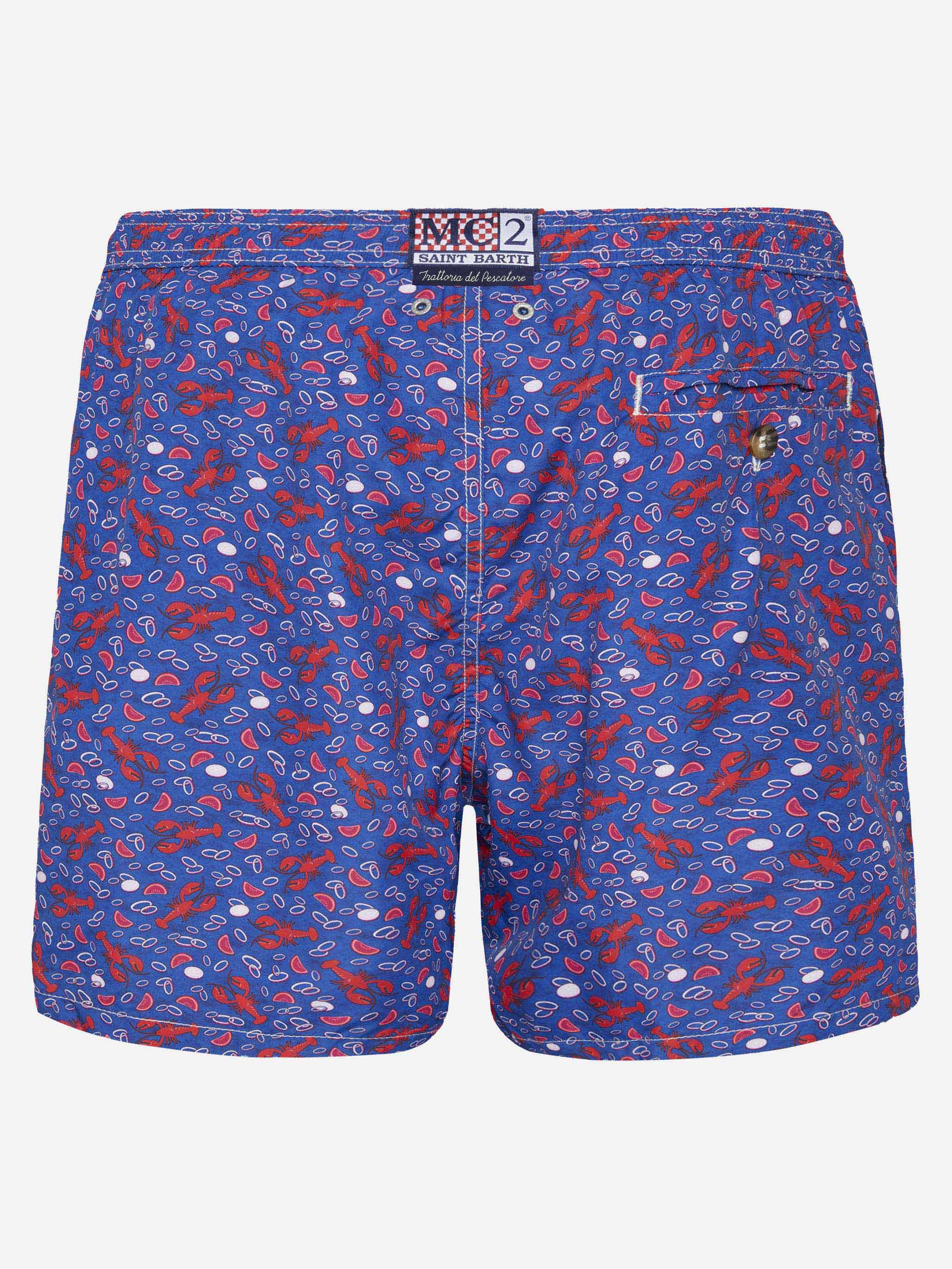 Lightweight Fabric Swim Shorts Lighting With Lobster Print | Trattoria Del Pescatore Blue Swimshort
