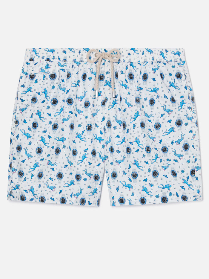 White Lighting Micro Swim Shorts With Scuba Watches And Divers All-Over Print Swimshort