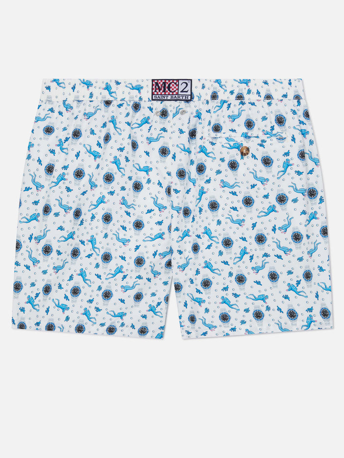White Lighting Micro Swim Shorts With Scuba Watches And Divers All-Over Print Swimshort