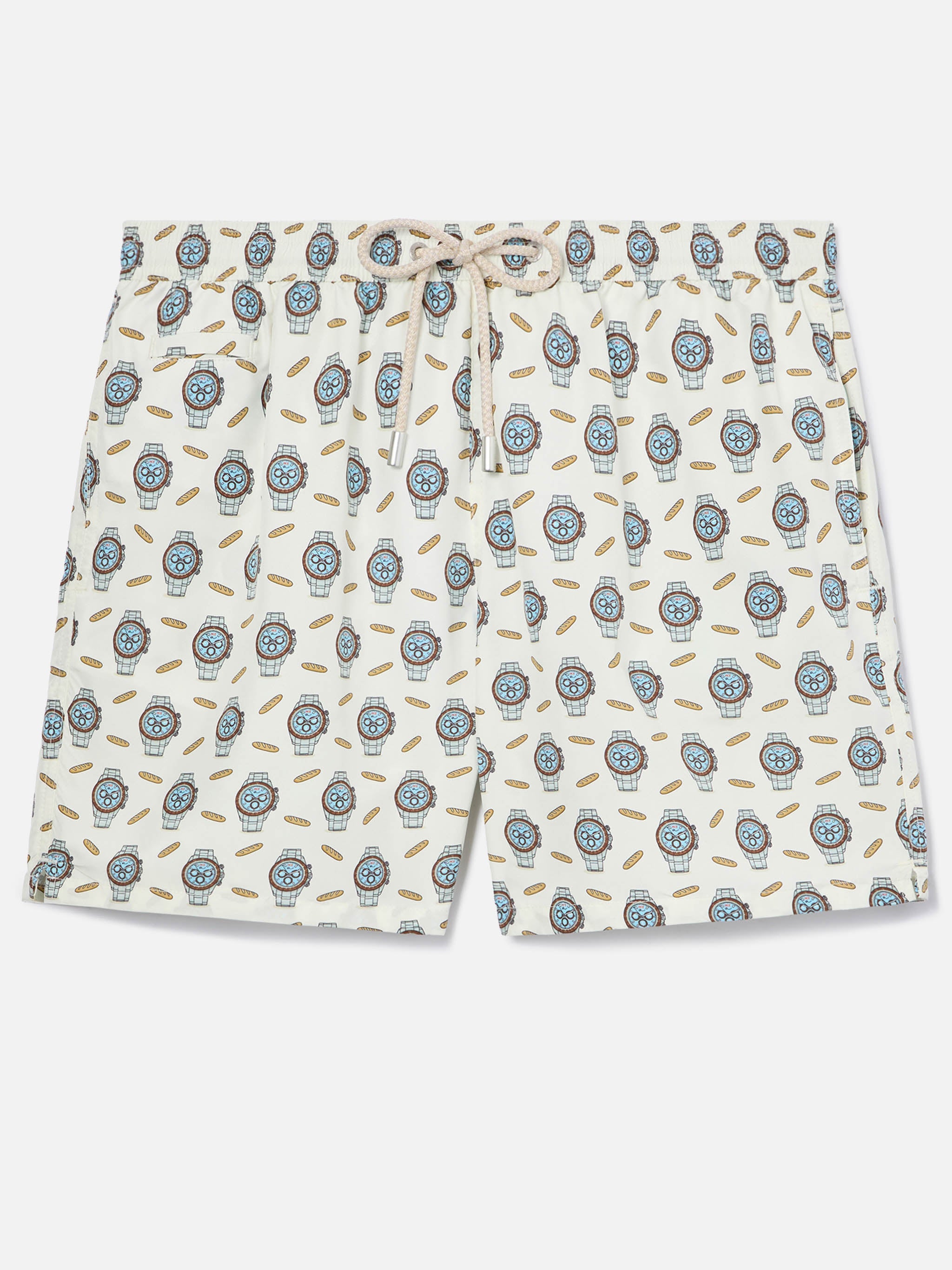 White Lighting Micro Swim Shorts With Watches And Baguettes Print Swimshort