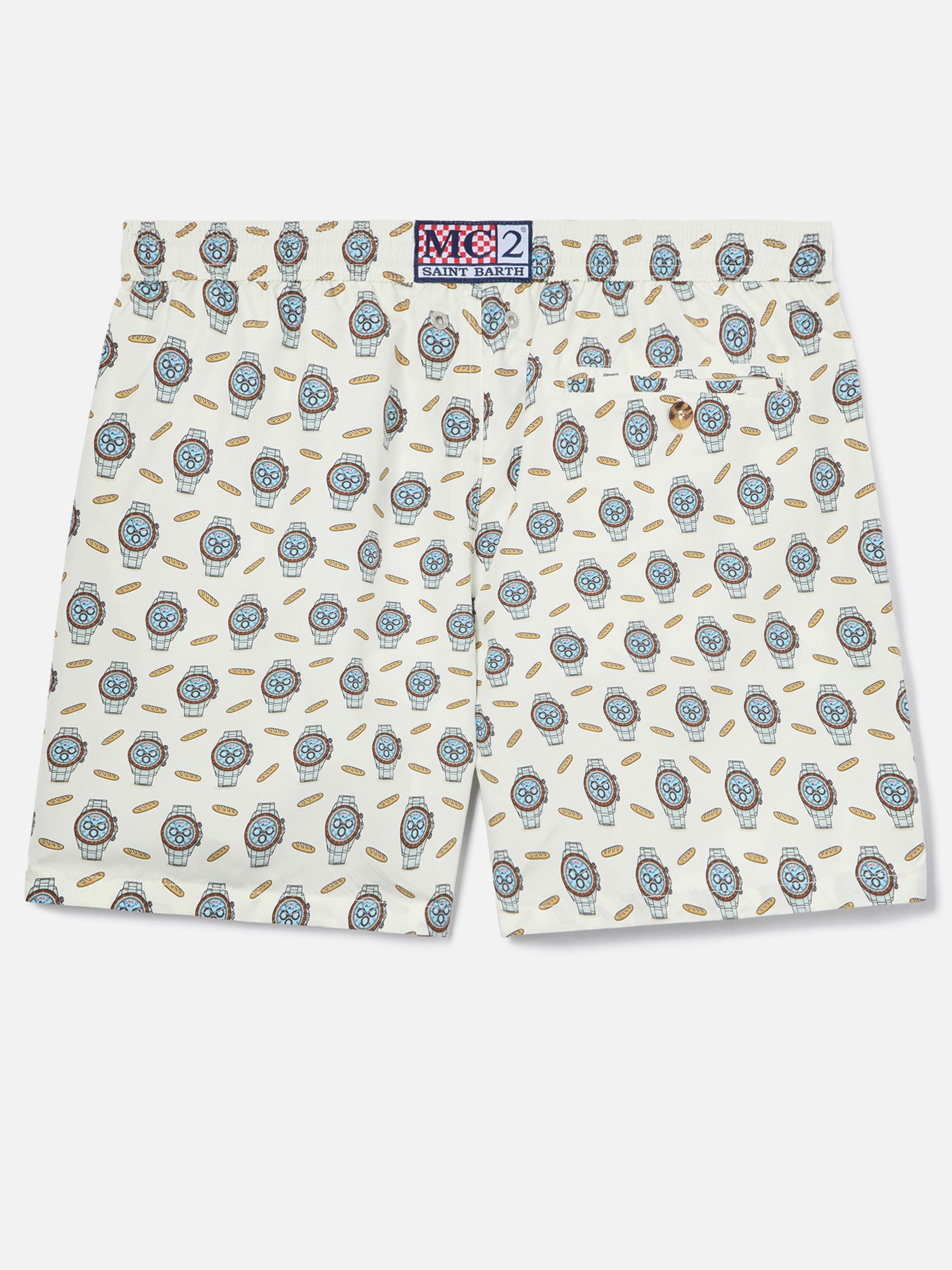 White Lighting Micro Swim Shorts With Watches And Baguettes Print Swimshort