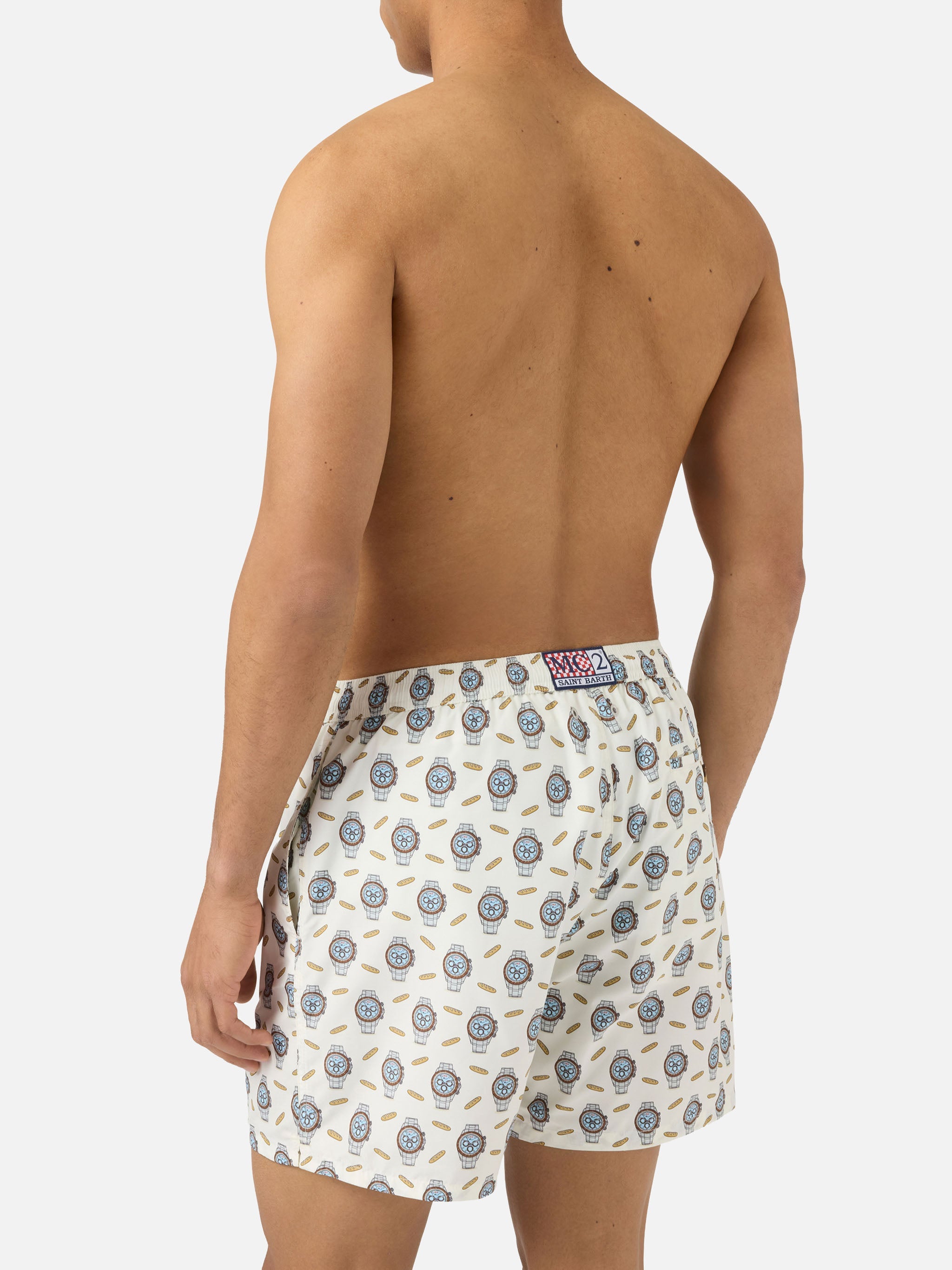White Lighting Micro Swim Shorts With Watches And Baguettes Print Swimshort