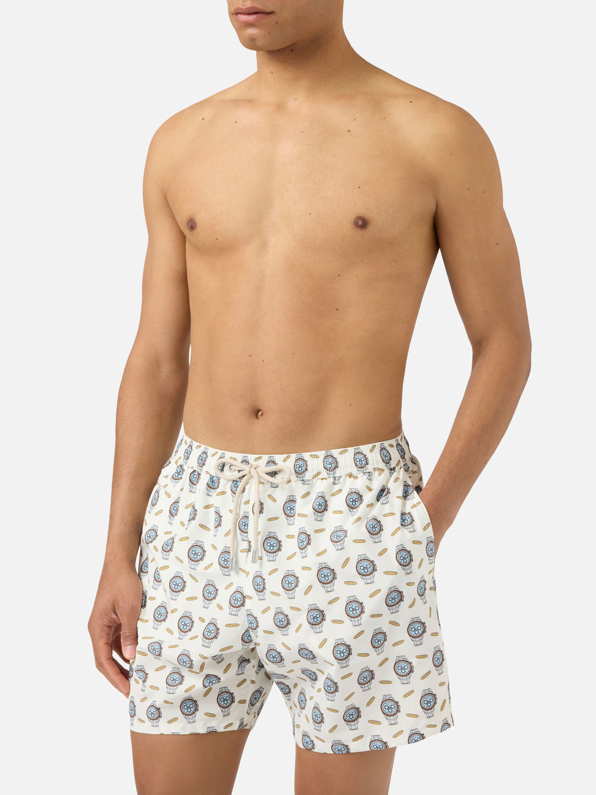 White Lighting Micro Swim Shorts With Watches And Baguettes Print Swimshort