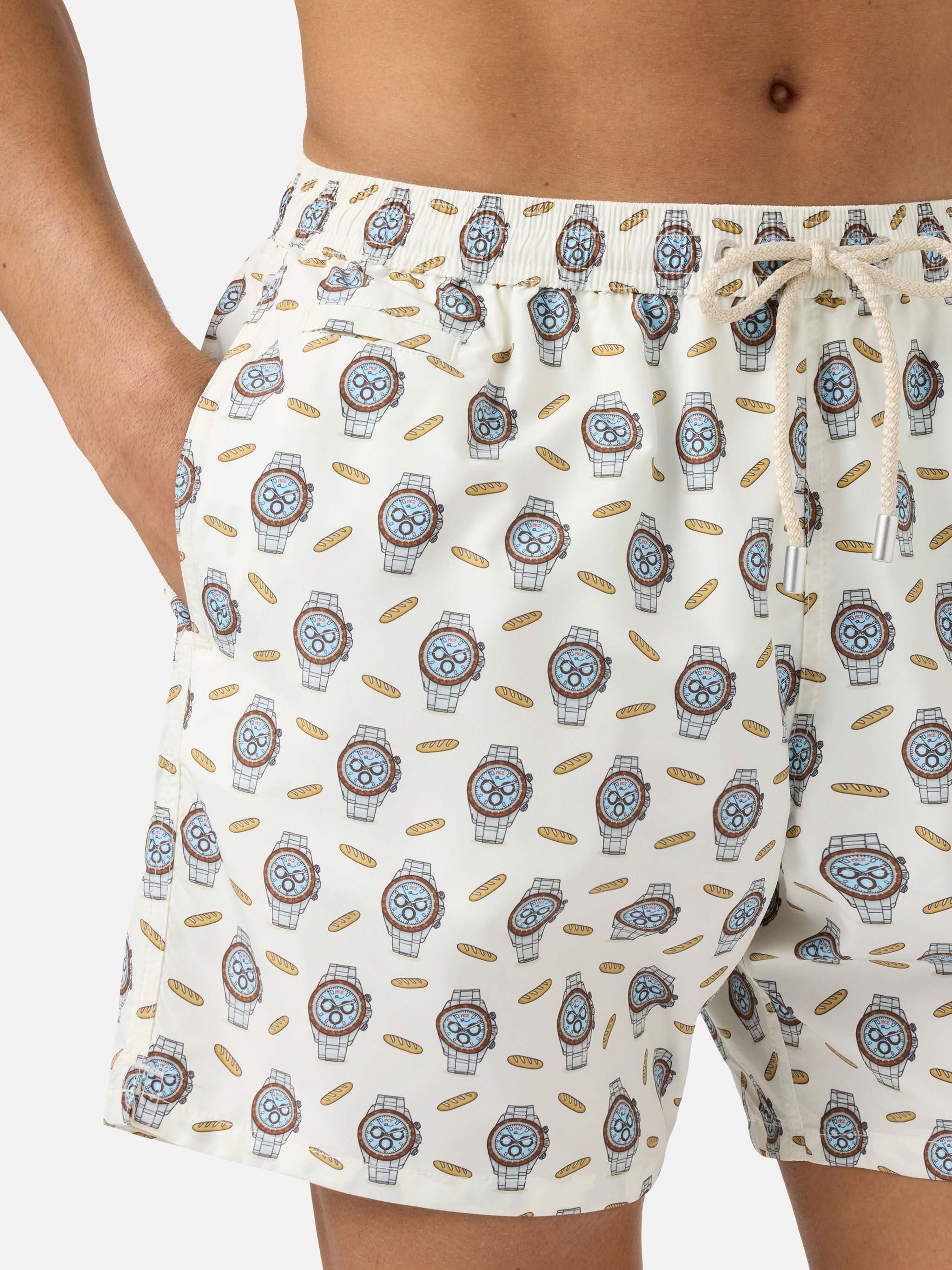 White Lighting Micro Swim Shorts With Watches And Baguettes Print Swimshort
