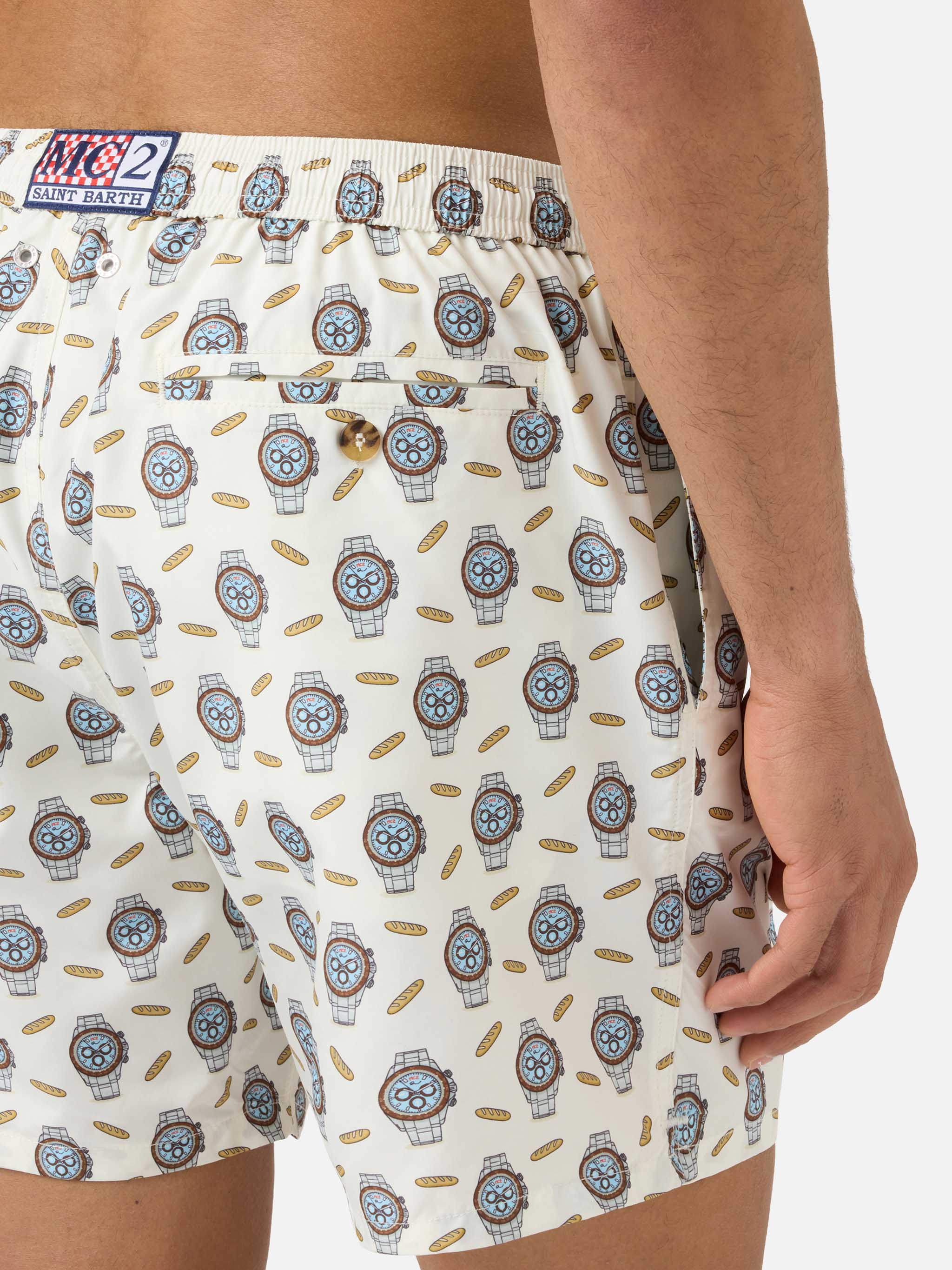 White Lighting Micro Swim Shorts With Watches And Baguettes Print Swimshort