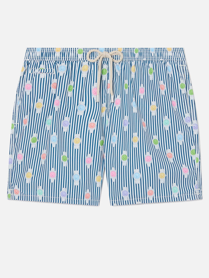 Navy Striped Lighting Micro Swim Shorts With Watch All-Over Print Blue Swimshort