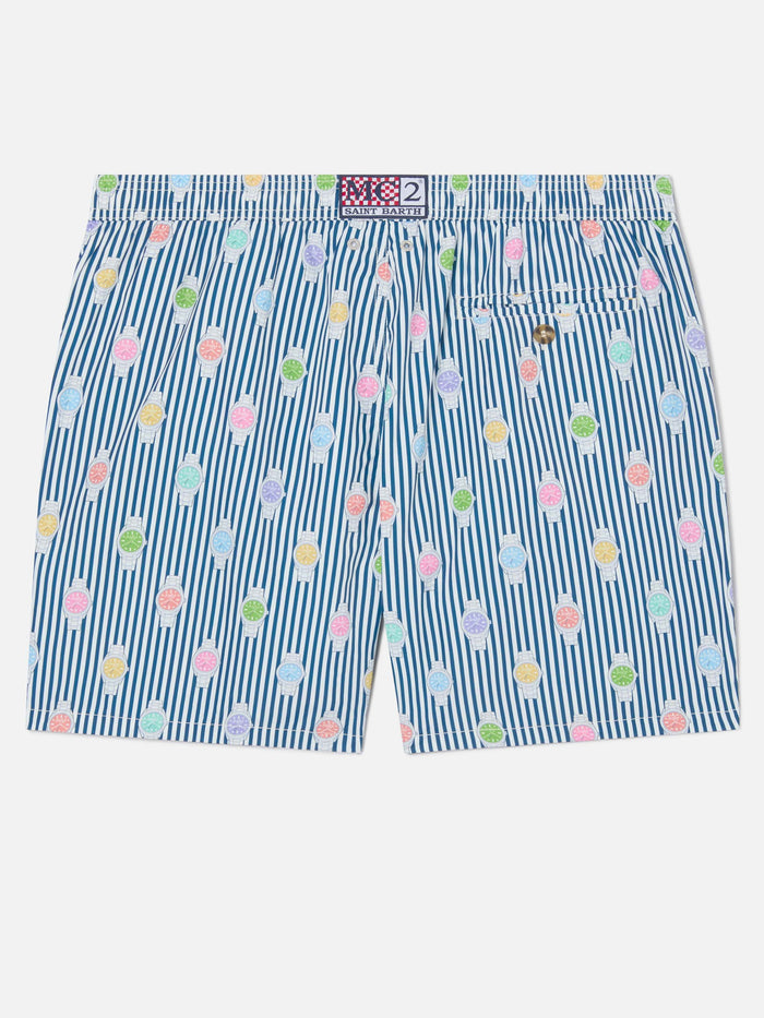 Navy Striped Lighting Micro Swim Shorts With Watch All-Over Print Blue Swimshort