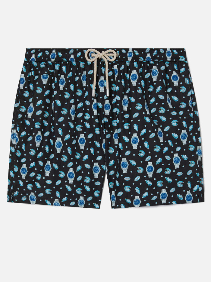 Black Lighting Micro Swim Shorts With Oysters And Watches All-Over Print Swimshort