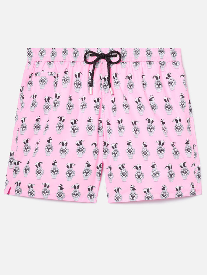 Pink Lighting Micro Swim Shorts With Panda And Watches All-Over Print Swimshort