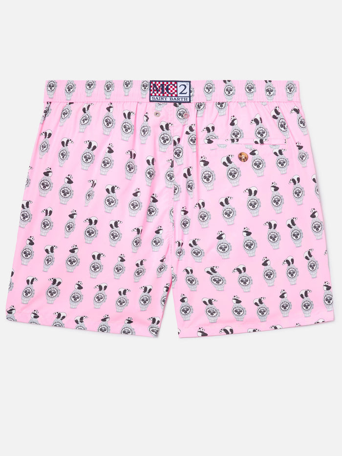 Pink Lighting Micro Swim Shorts With Panda And Watches All-Over Print Swimshort