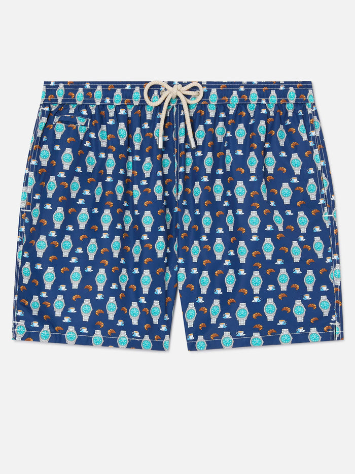 Navy Lighting Micro Swim Shorts With Breakfast Watch Print Blue Swimshort