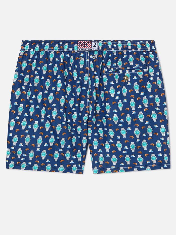 Navy Lighting Micro Swim Shorts With Breakfast Watch Print Blue Swimshort