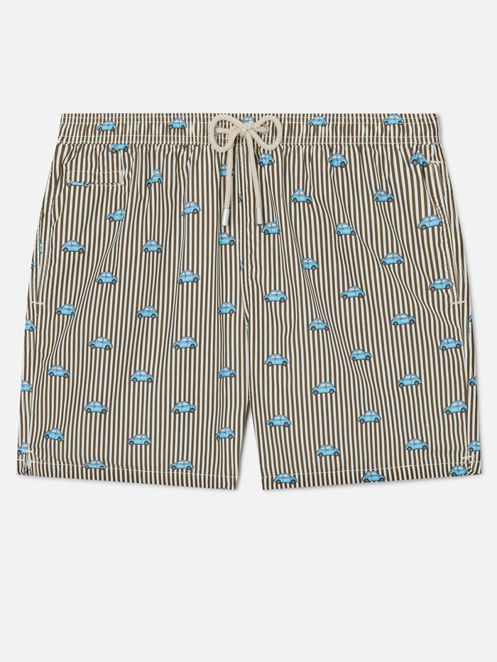 Striped Lighting Micro Swim Shorts With Fiat 500 Print | Special Edition Brown Swimshort