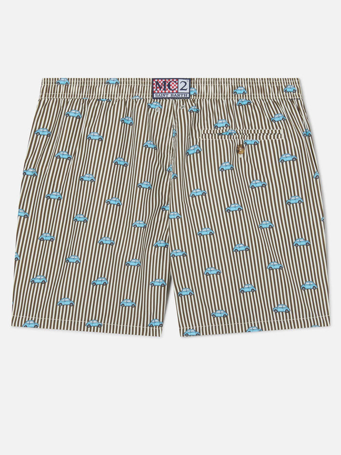 Striped Lighting Micro Swim Shorts With Fiat 500 Print | Special Edition Brown Swimshort
