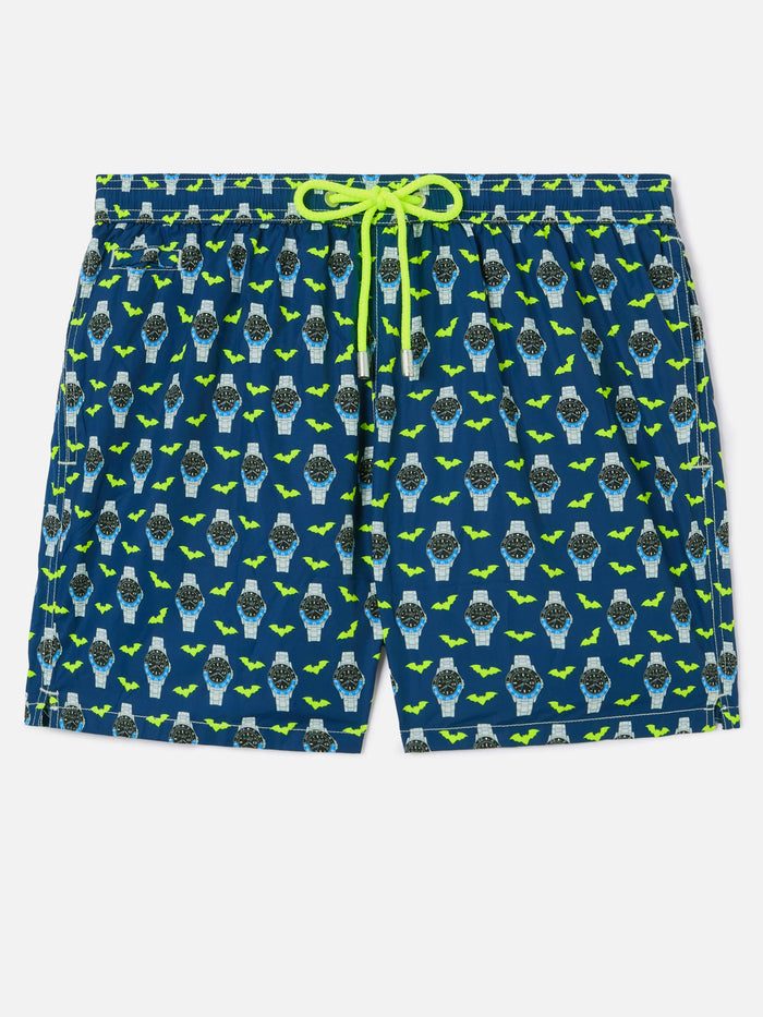 Navy Blue Lighting Micro Swim Shorts With Watch Bat Oclock Print Swimshort