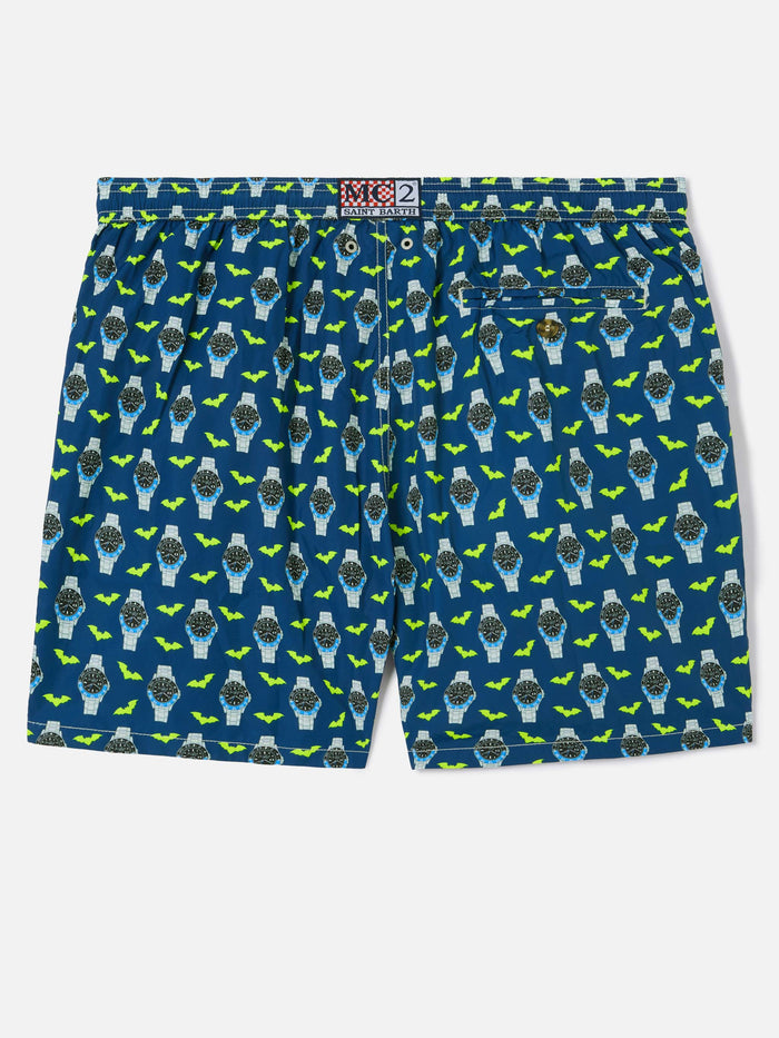 Navy Blue Lighting Micro Swim Shorts With Watch Bat Oclock Print Swimshort