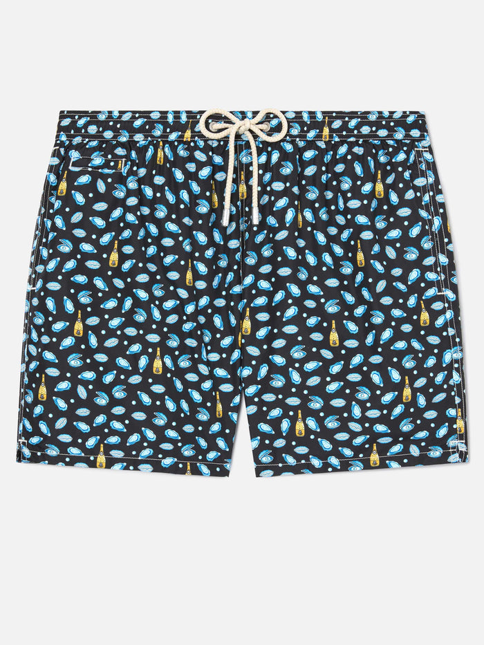 Black Lighting Micro Swim Shorts With Watch And Oyster Print Swimshort
