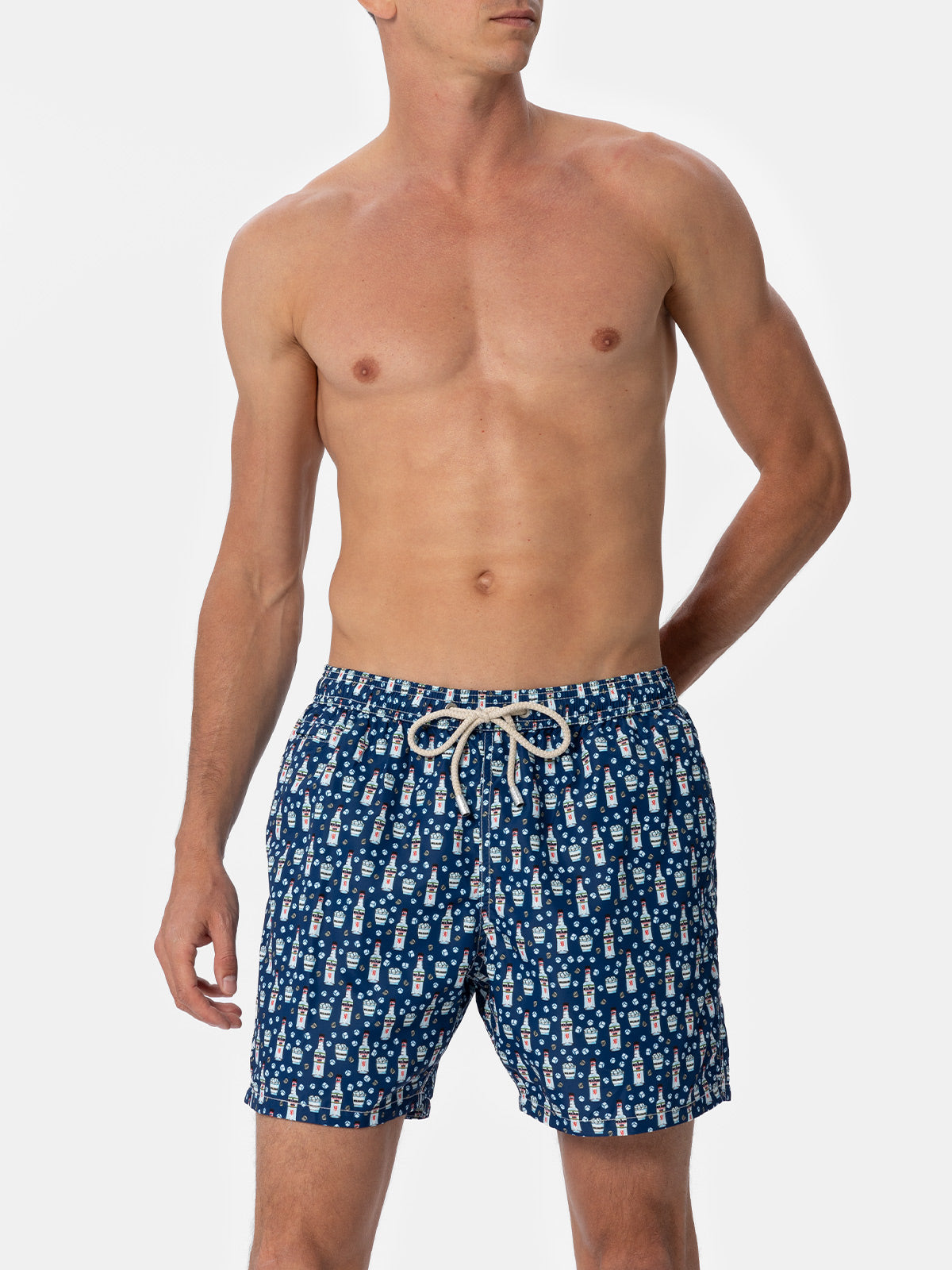 Man Lightweight Fabric Swim-Shorts Lighting Micro Fantasy With Sambuca Molinari Print| Special Edition Blue Swimshort