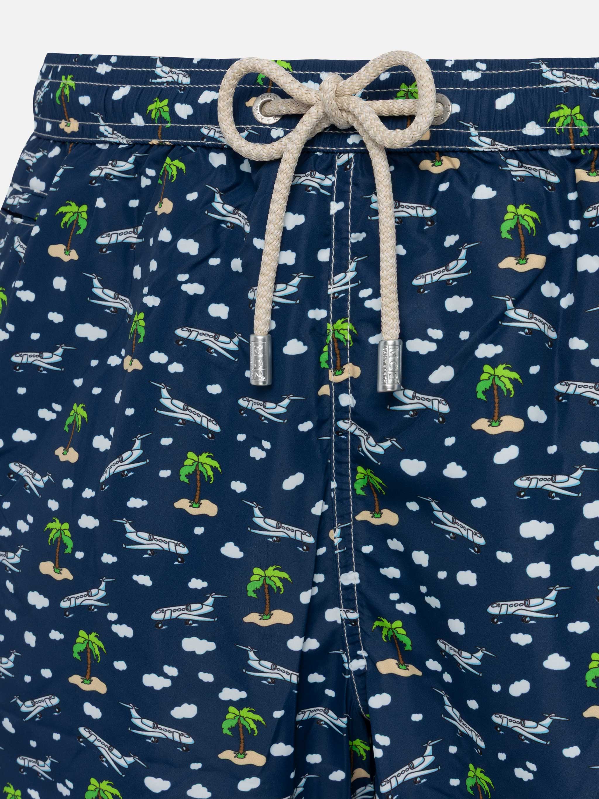 Lightweight Fabric Swim Shorts Lighting With Palms And Planes Print Blue Navy Swimshort