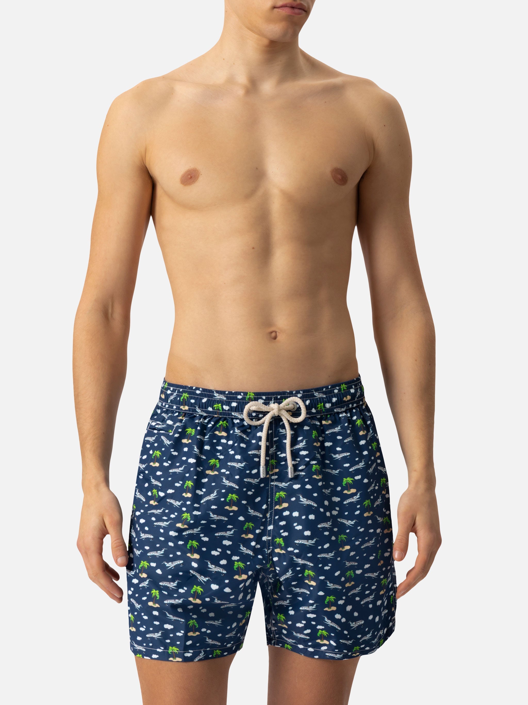 Lightweight Fabric Swim Shorts Lighting With Palms And Planes Print Blue Navy Swimshort