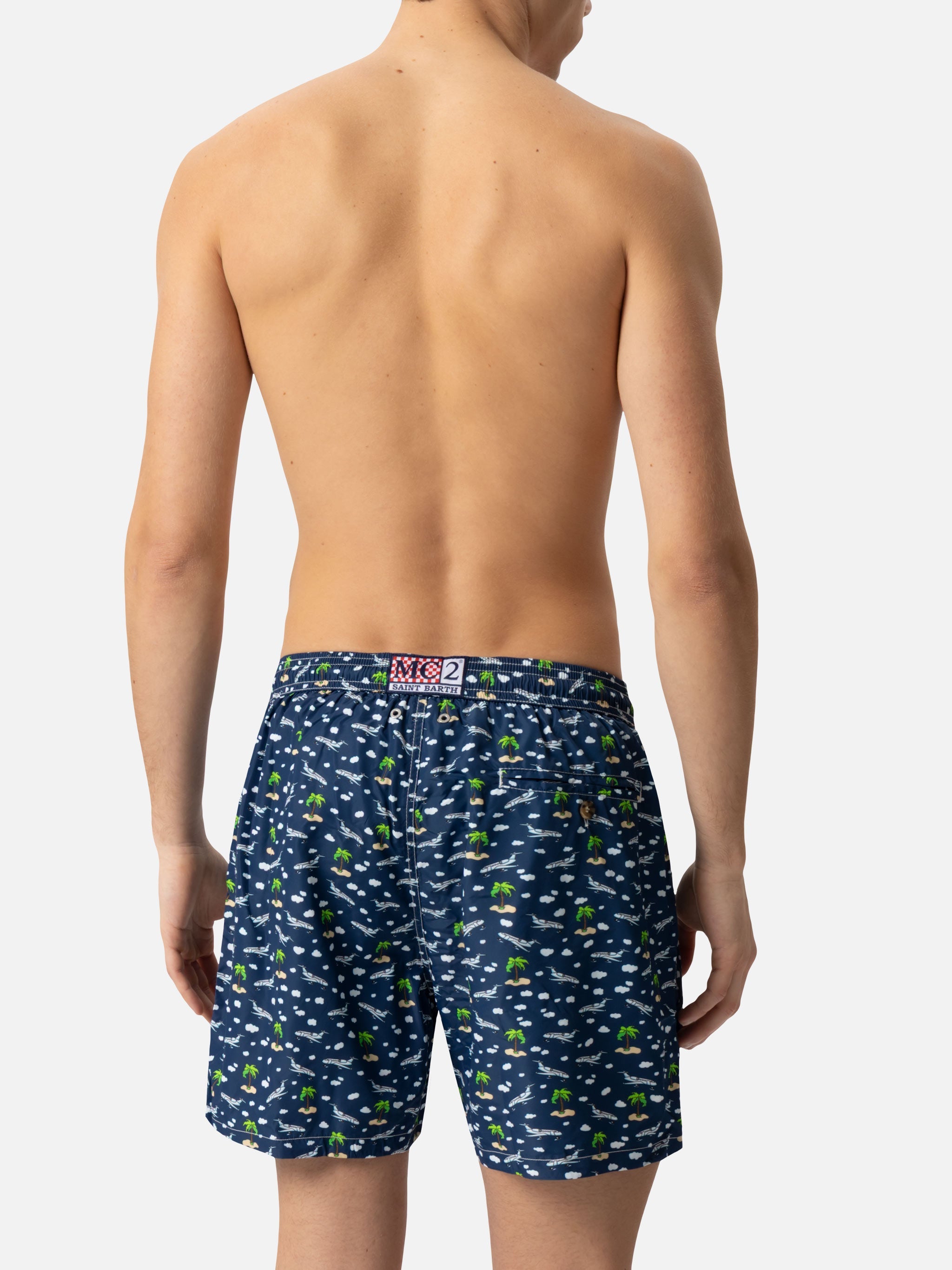 Lightweight Fabric Swim Shorts Lighting With Palms And Planes Print Blue Navy Swimshort