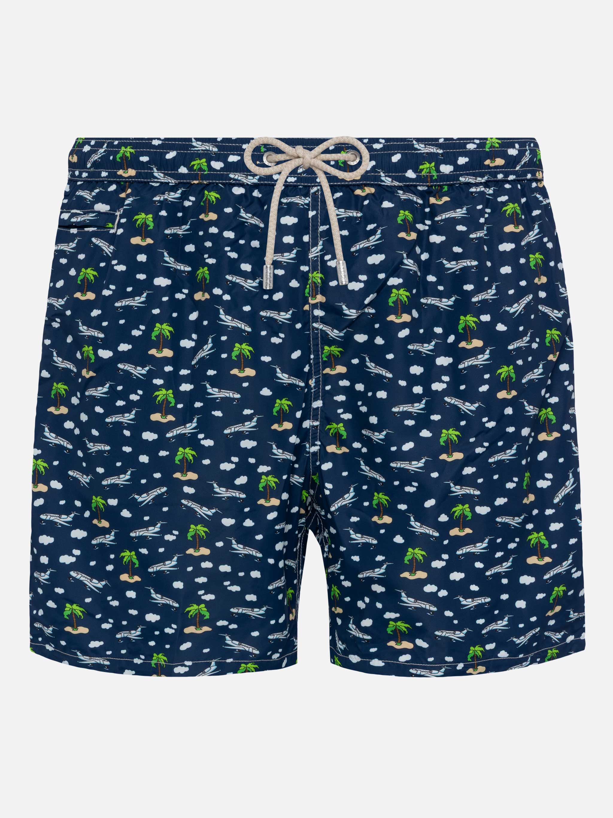 Lightweight Fabric Swim Shorts Lighting With Palms And Planes Print Blue Navy Swimshort