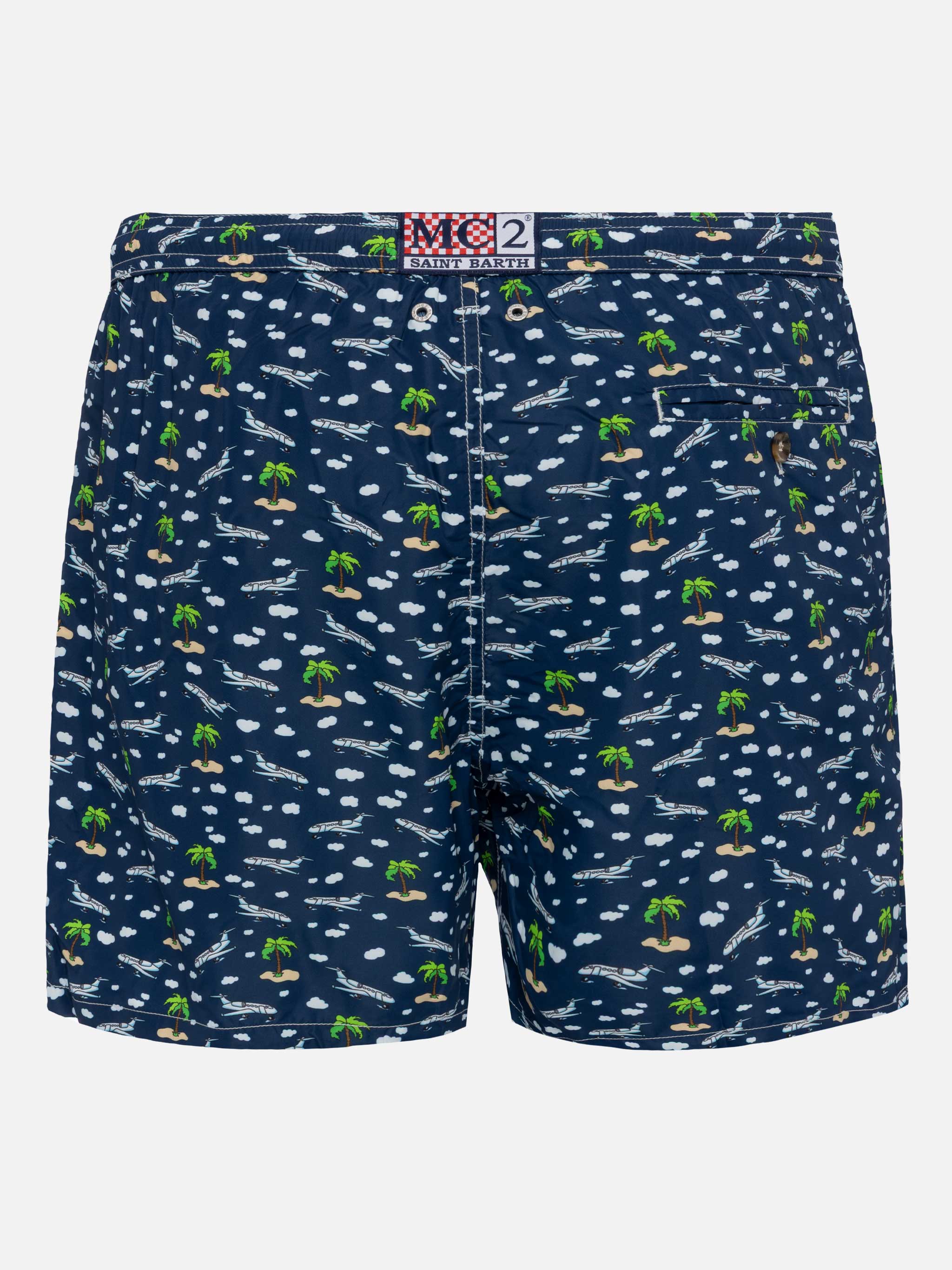 Lightweight Fabric Swim Shorts Lighting With Palms And Planes Print Blue Navy Swimshort