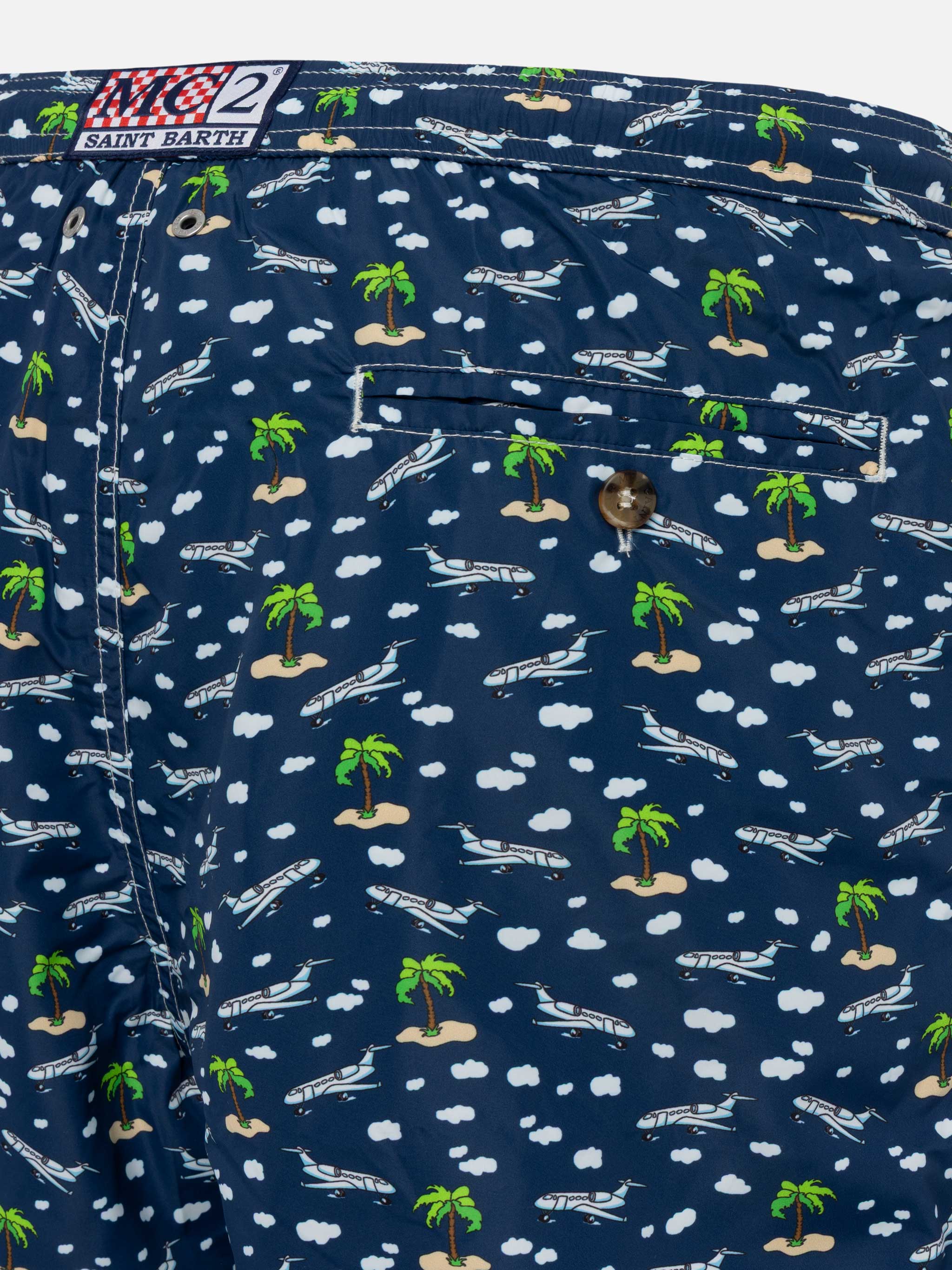 Lightweight Fabric Swim Shorts Lighting With Palms And Planes Print Blue Navy Swimshort