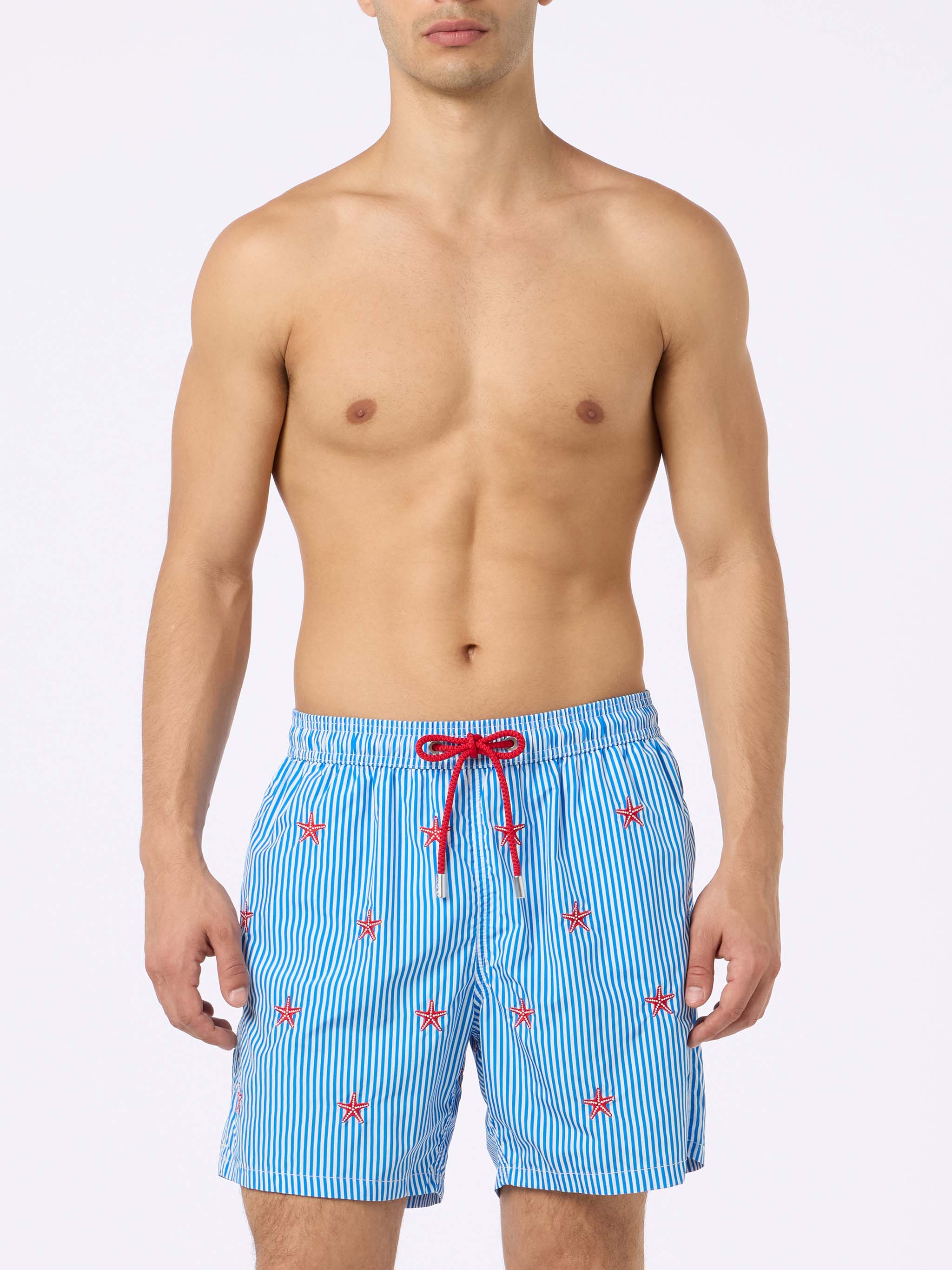 Man Lightweight Fabric Swim-Shorts Lighting With Seastars Embroidery Blue Swimshort