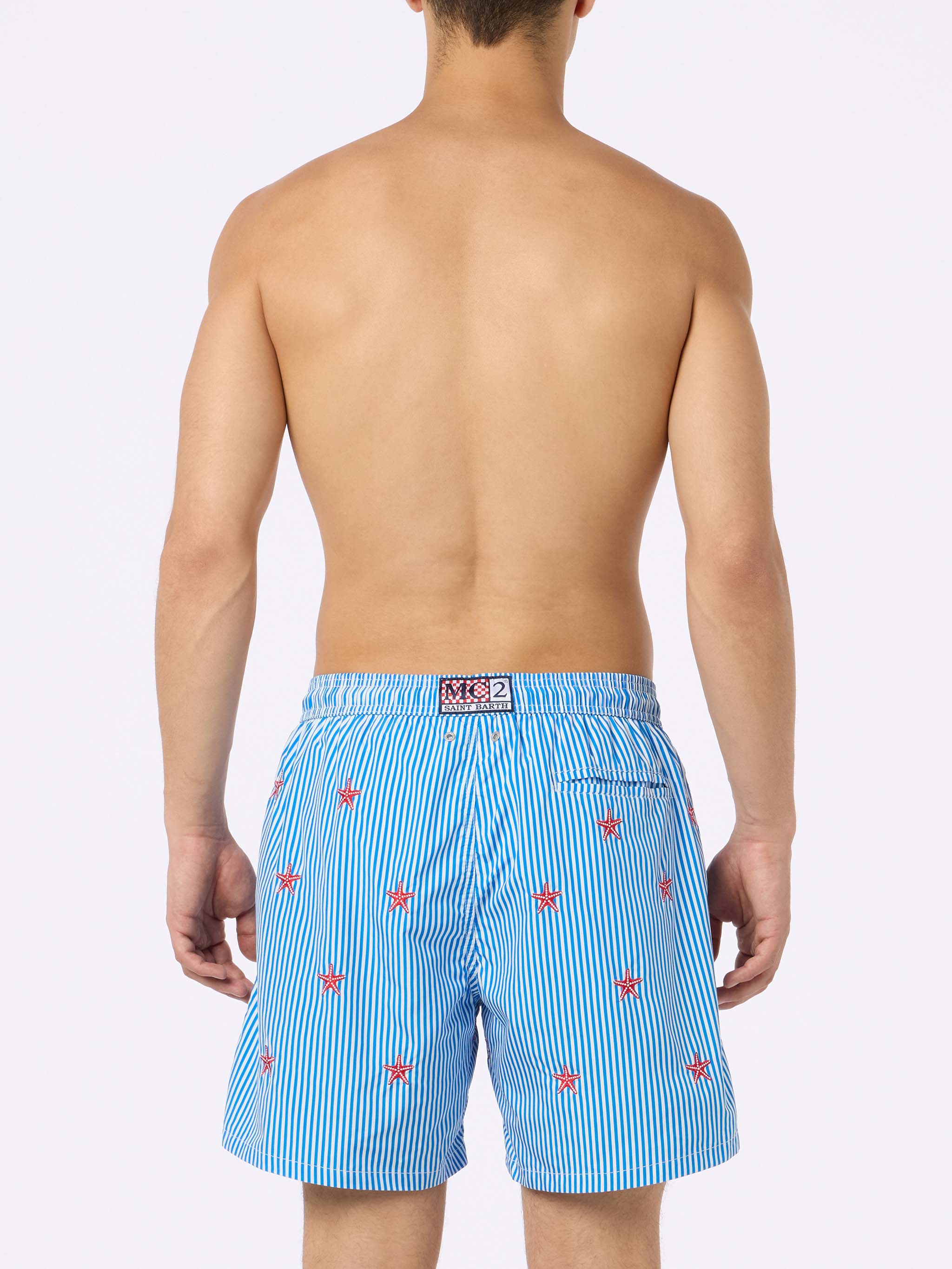 Man Lightweight Fabric Swim-Shorts Lighting With Seastars Embroidery Blue Swimshort