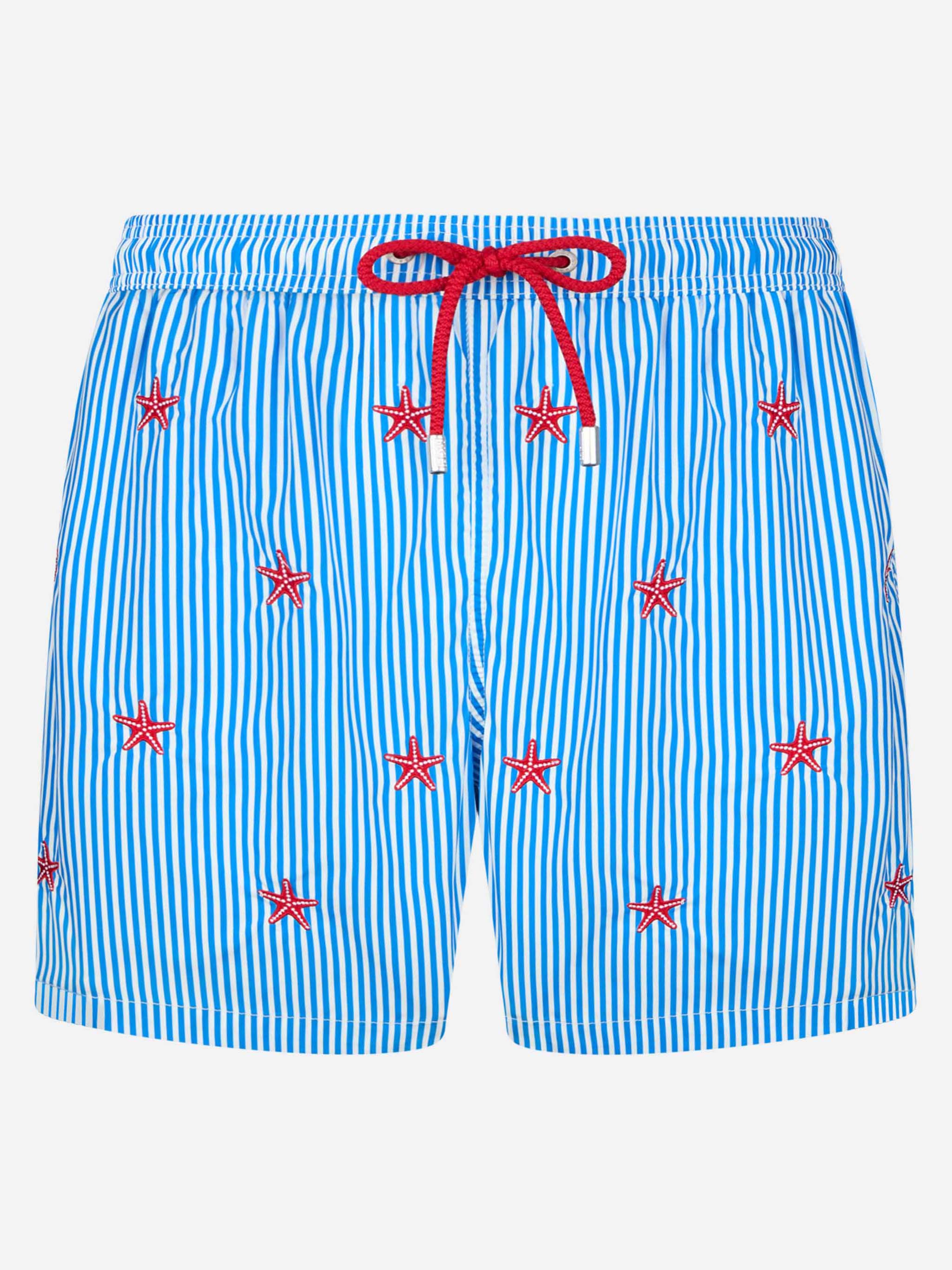 Man Lightweight Fabric Swim-Shorts Lighting With Seastars Embroidery Blue Swimshort