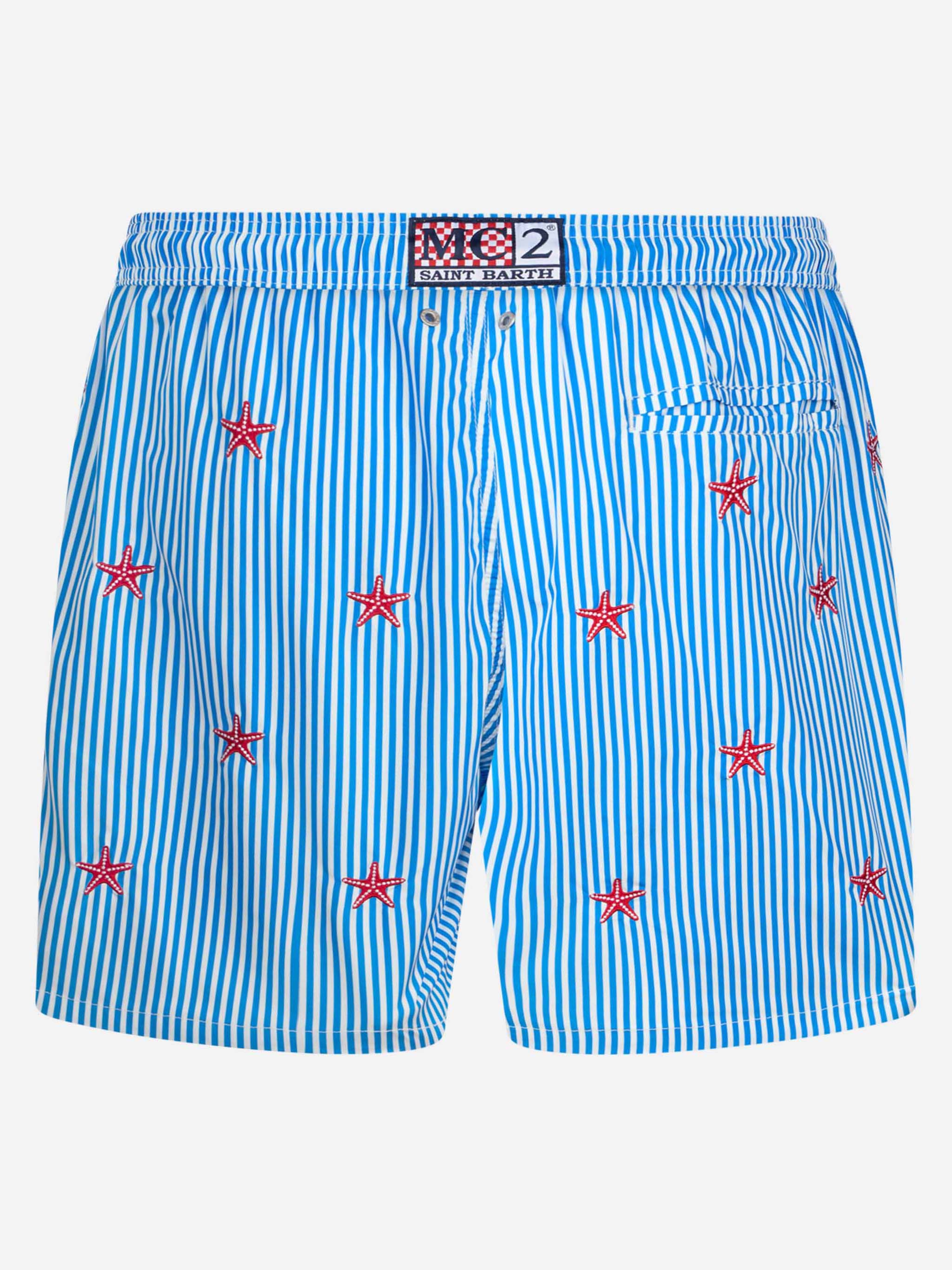 Man Lightweight Fabric Swim-Shorts Lighting With Seastars Embroidery Blue Swimshort