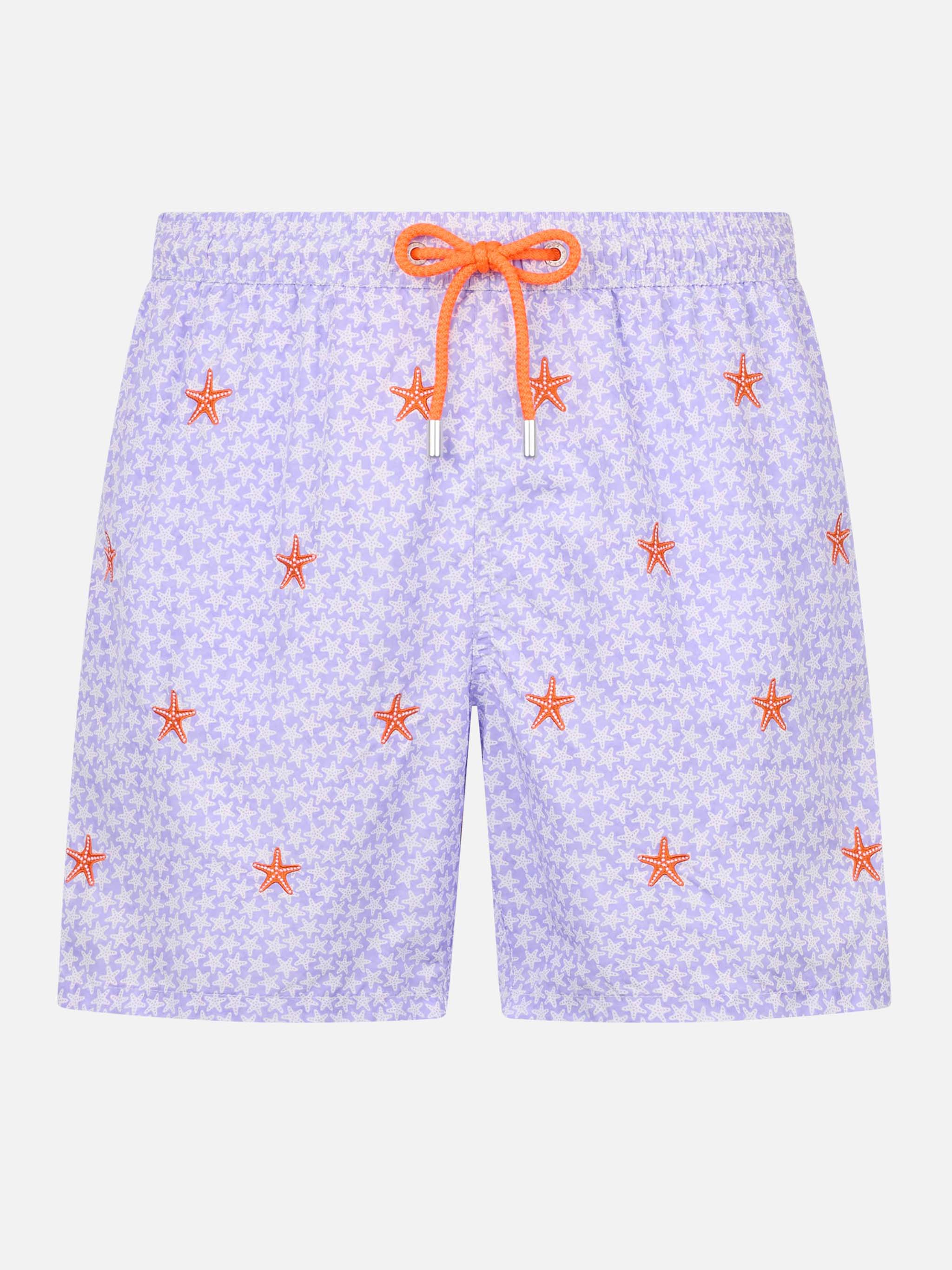 Man Lightweight Fabric Swim-Shorts Lighting With Seastars Embroidery Pink Swimshort