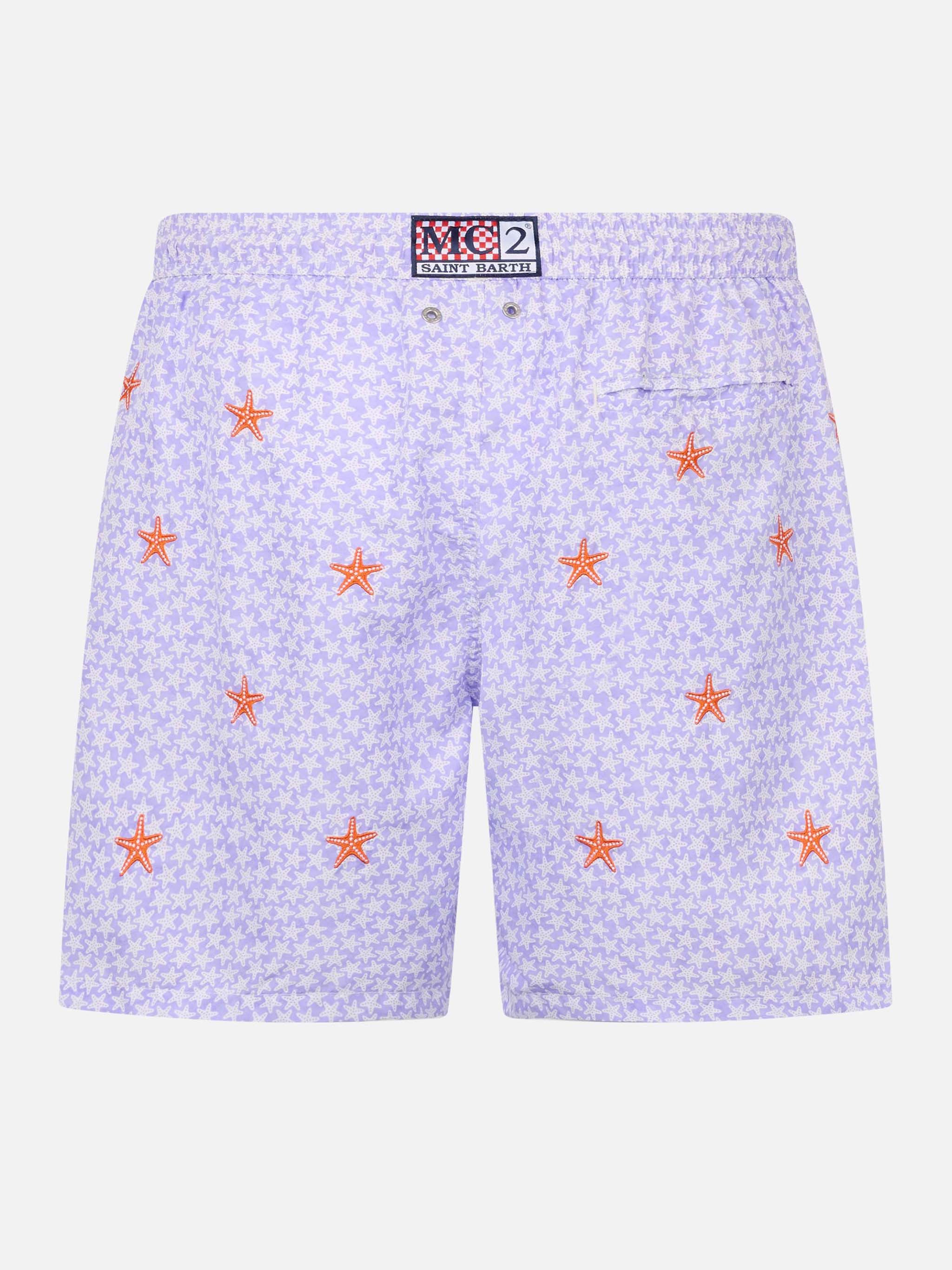 Man Lightweight Fabric Swim-Shorts Lighting With Seastars Embroidery Pink Swimshort