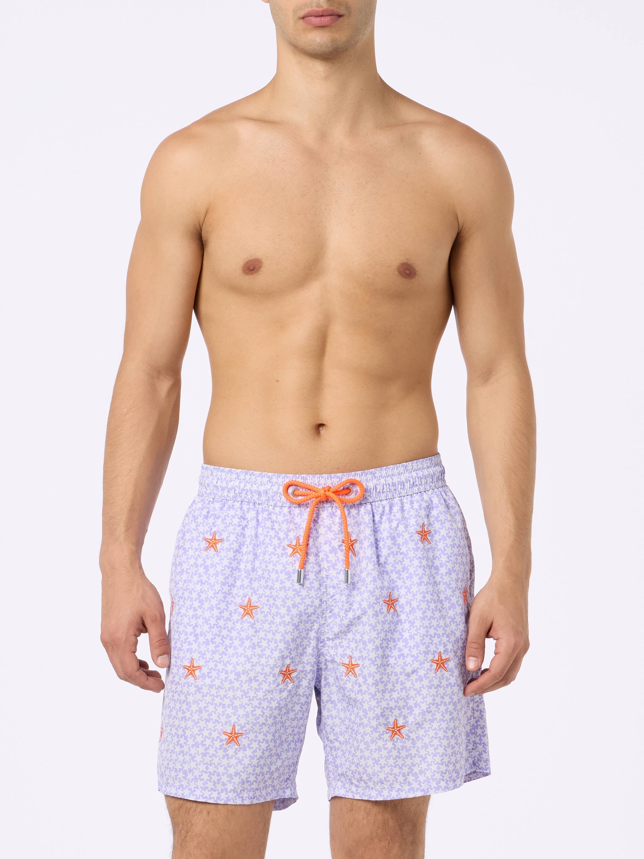 Man Lightweight Fabric Swim-Shorts Lighting With Seastars Embroidery Pink Swimshort