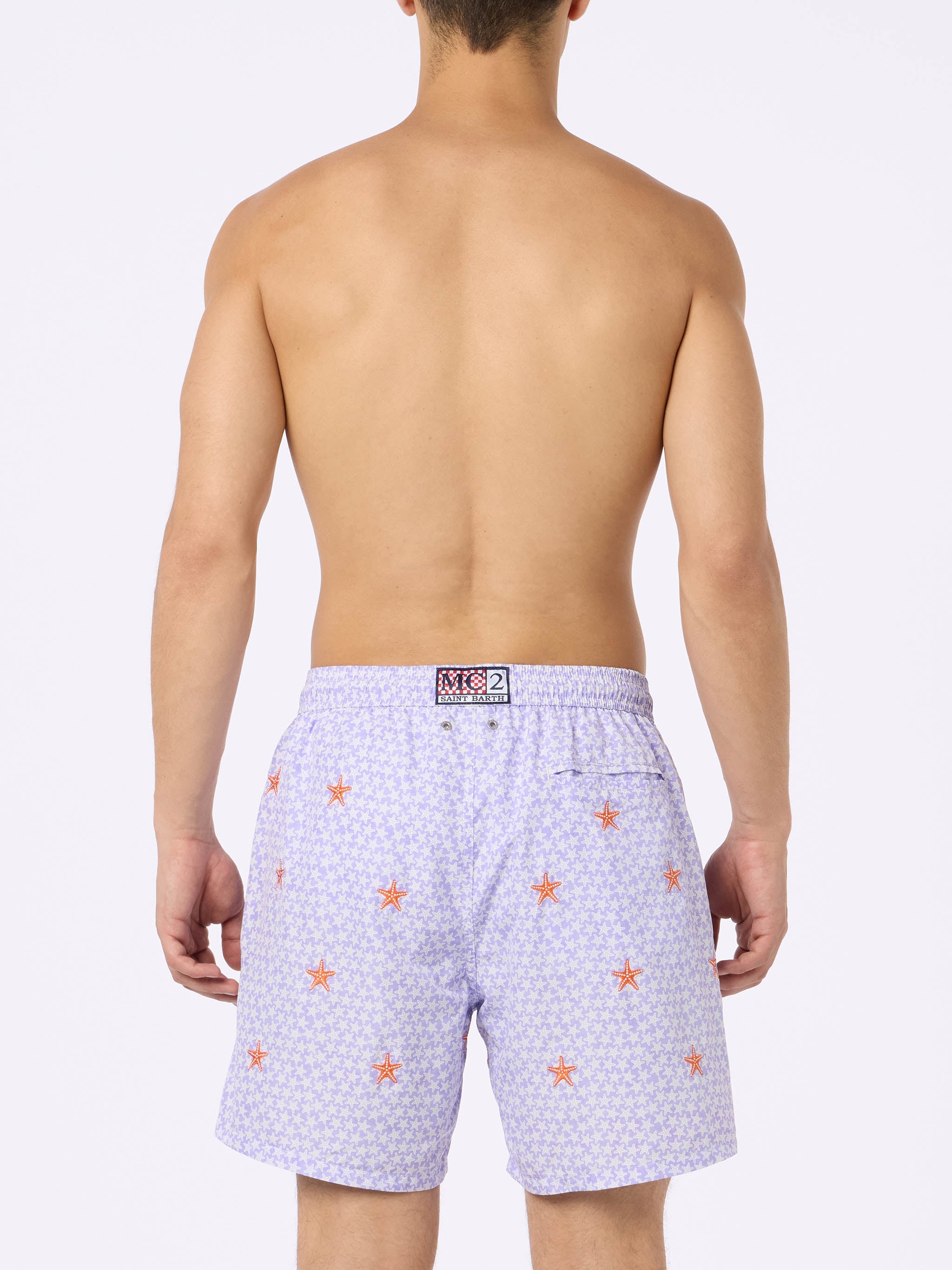 Man Lightweight Fabric Swim-Shorts Lighting With Seastars Embroidery Pink Swimshort