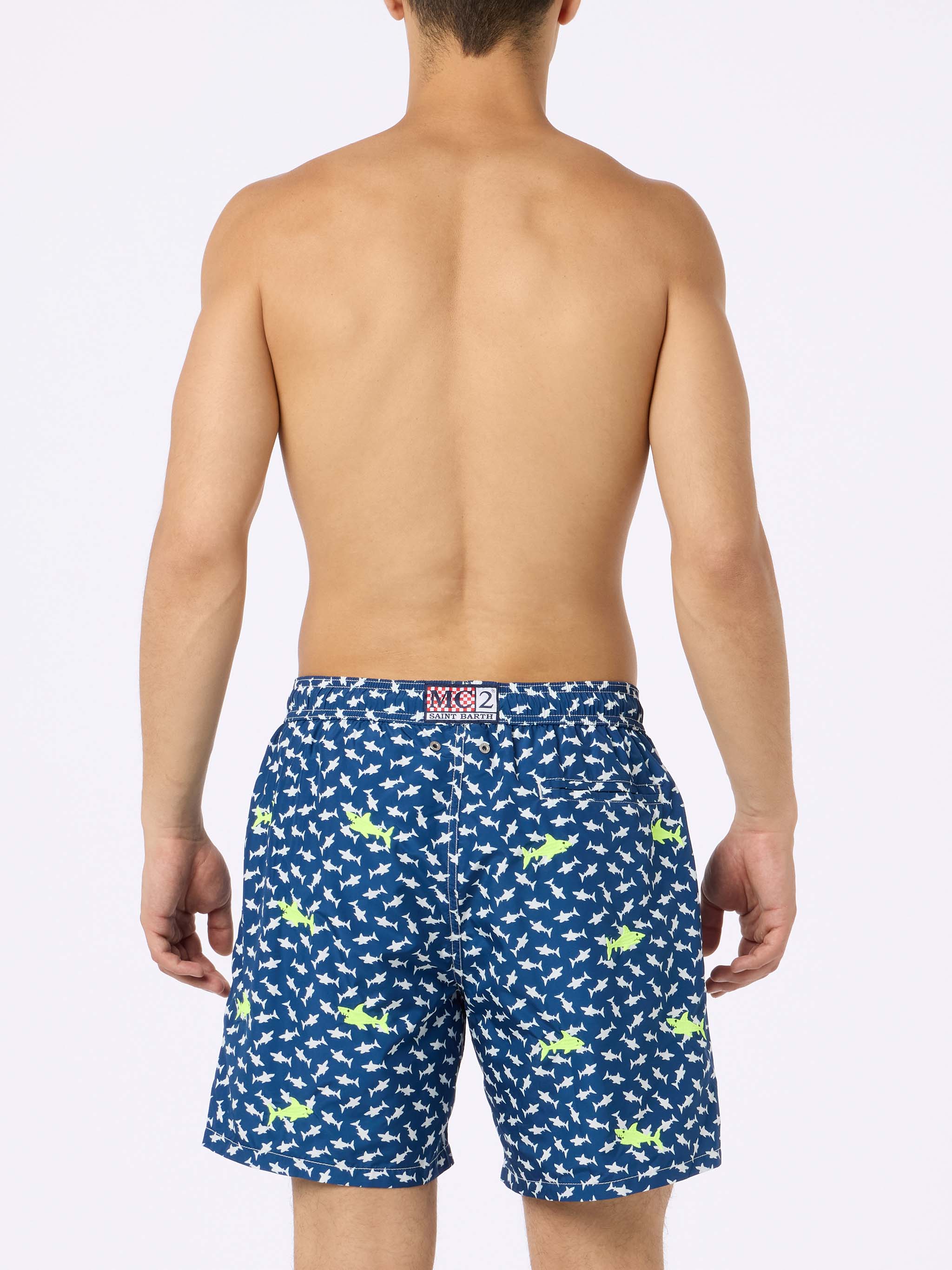 Man Lightweight Fabric Swim-Shorts Lighting With Sharks Embroidery Blue Swimshort