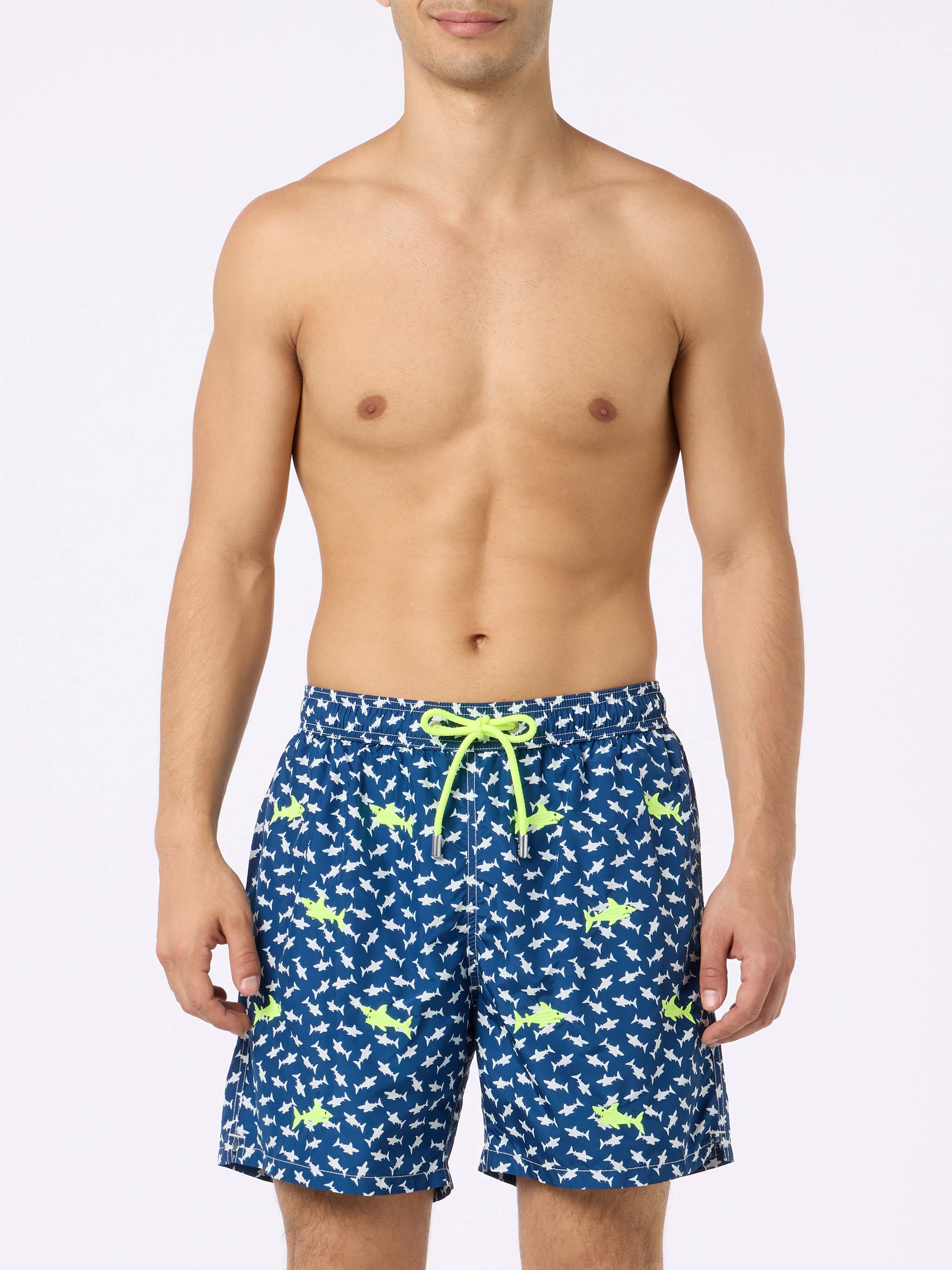 Man Lightweight Fabric Swim-Shorts Lighting With Sharks Embroidery Blue Swimshort