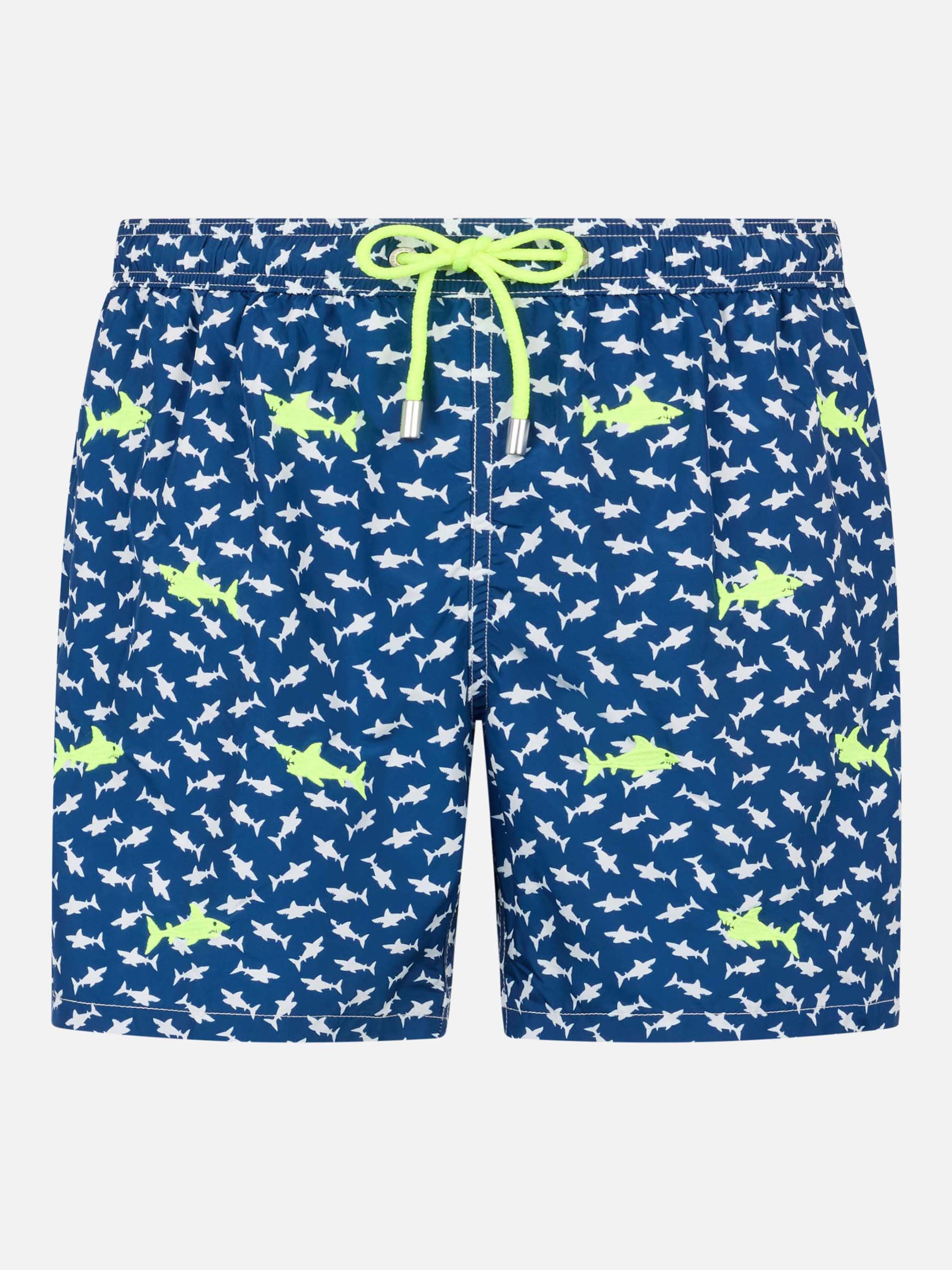 Man Lightweight Fabric Swim-Shorts Lighting With Sharks Embroidery Blue Swimshort
