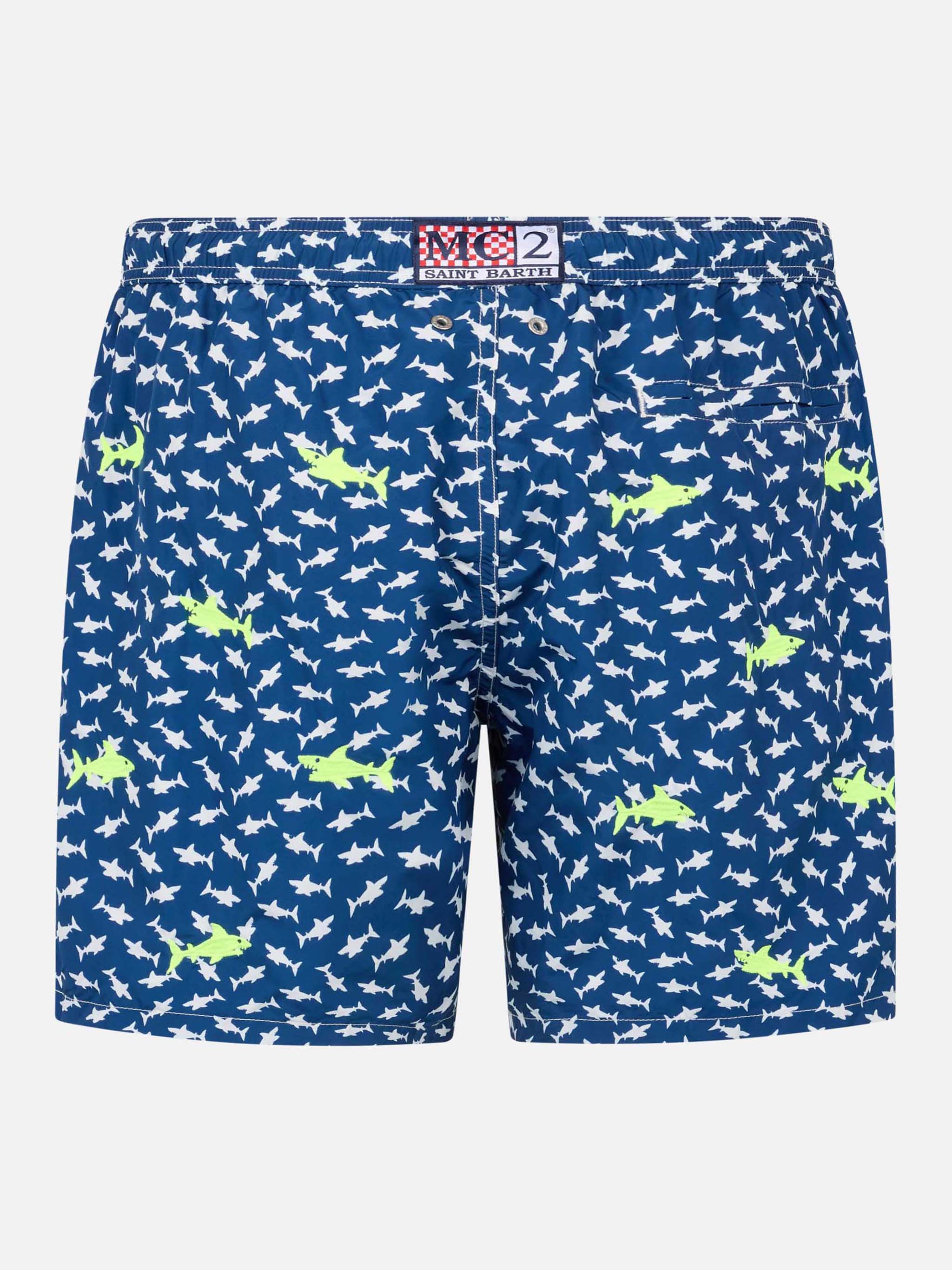 Man Lightweight Fabric Swim-Shorts Lighting With Sharks Embroidery Blue Swimshort