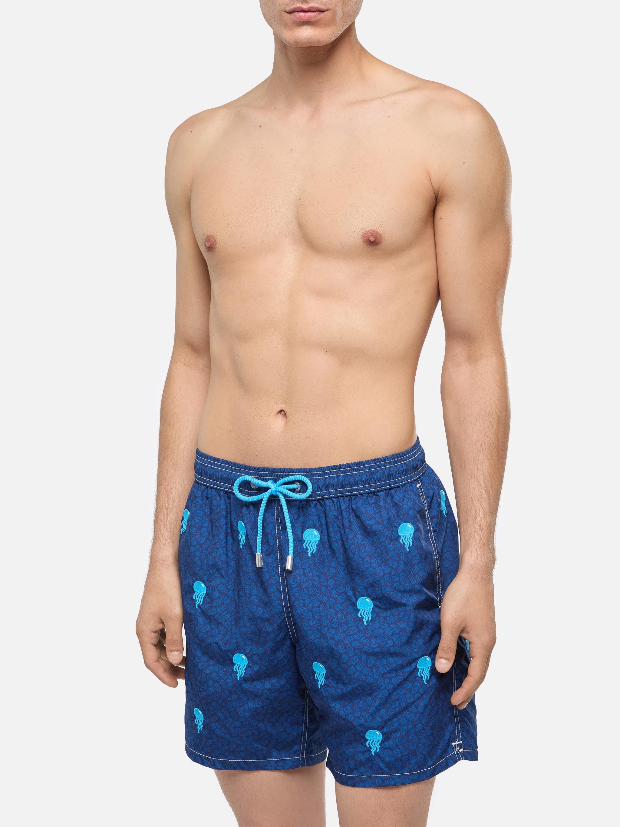 Lightweight Fabric Swim-Shorts Lighting With Jelly Fish Embroidery Blue Swimshort