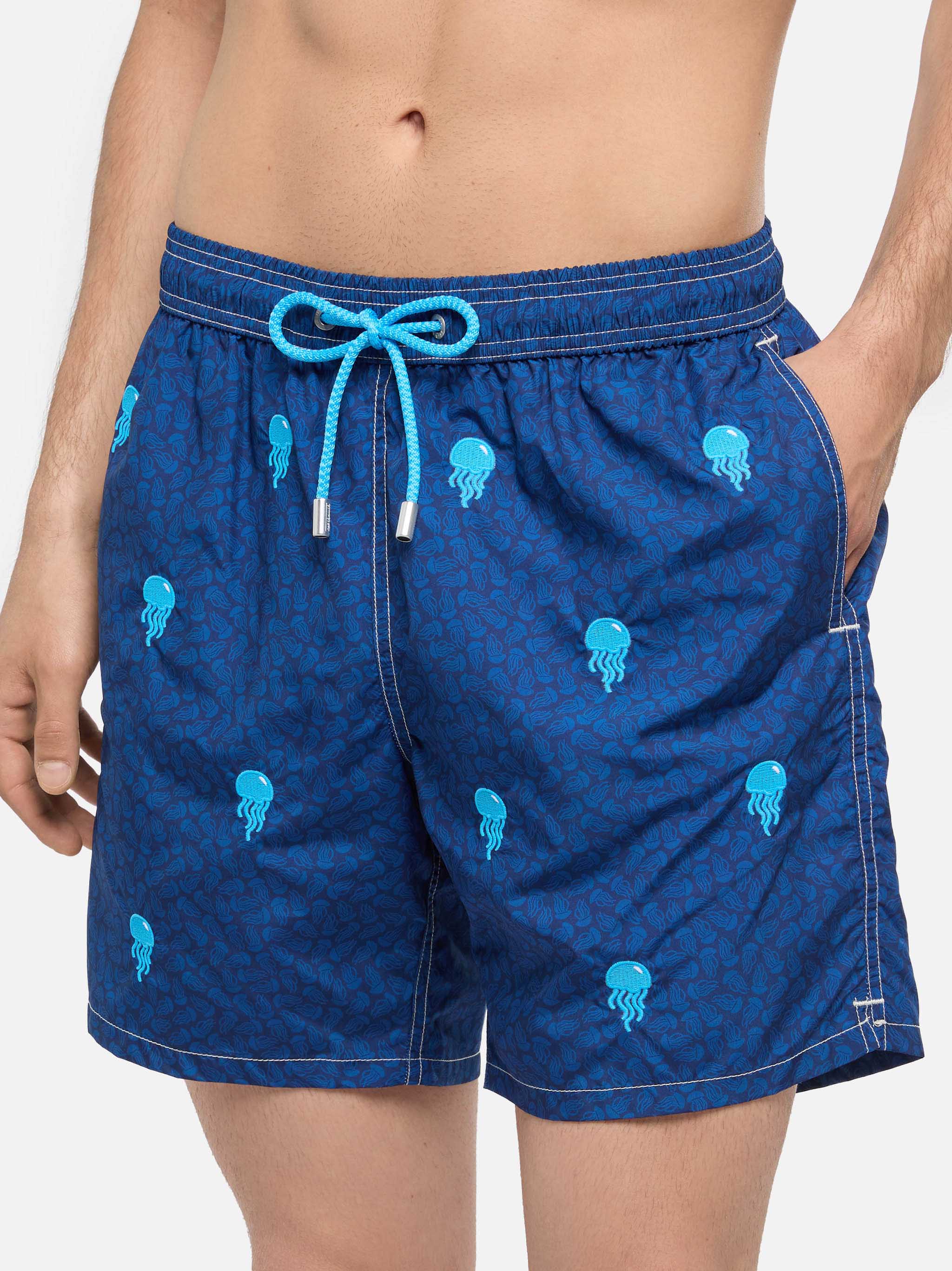 Lightweight Fabric Swim-Shorts Lighting With Jelly Fish Embroidery Blue Swimshort