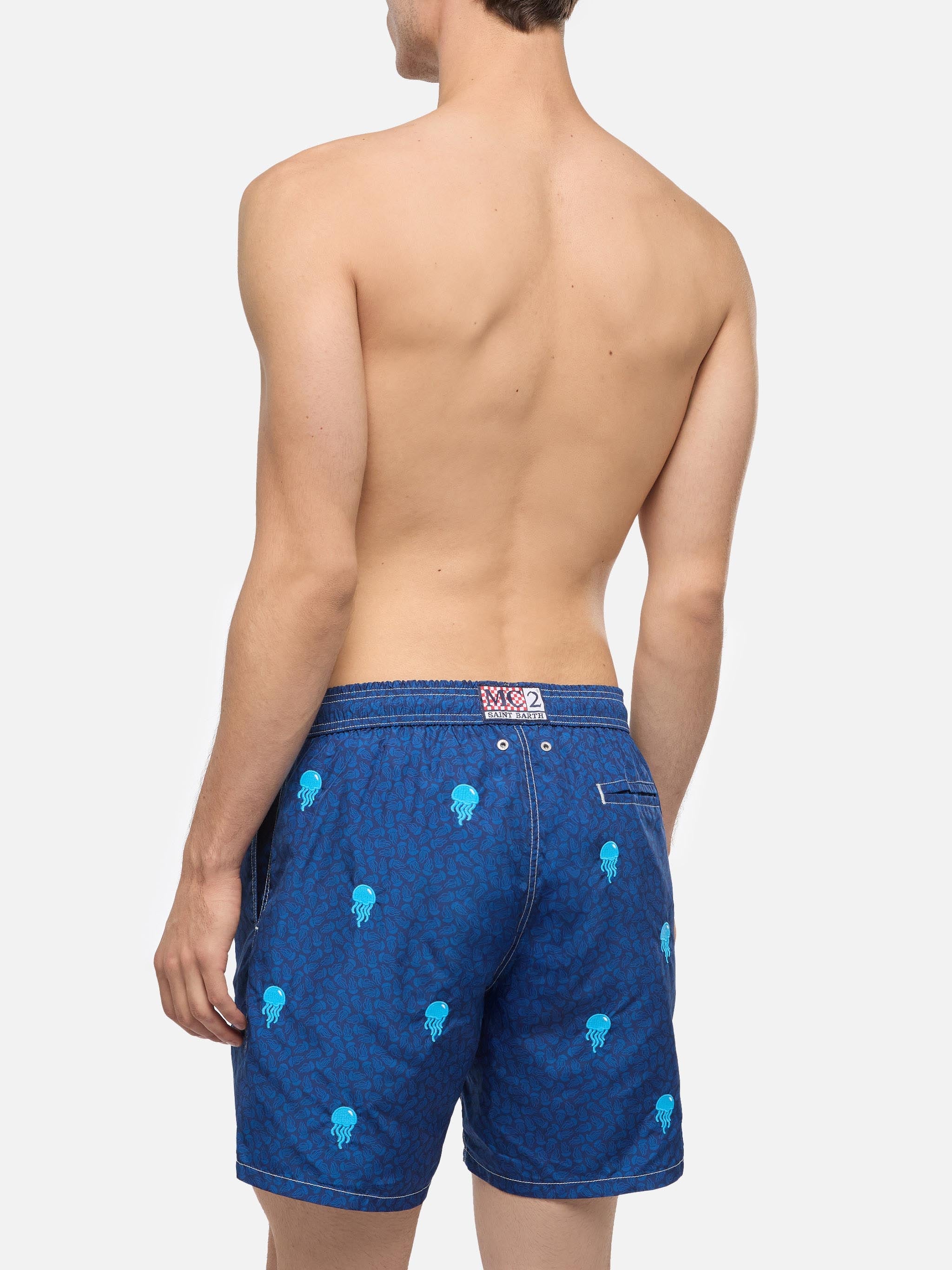 Lightweight Fabric Swim-Shorts Lighting With Jelly Fish Embroidery Blue Swimshort