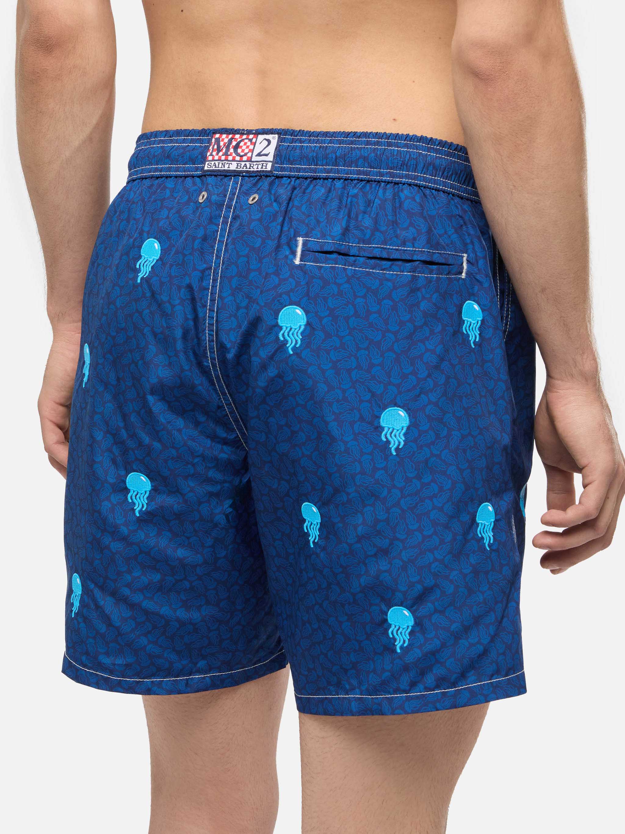 Lightweight Fabric Swim-Shorts Lighting With Jelly Fish Embroidery Blue Swimshort