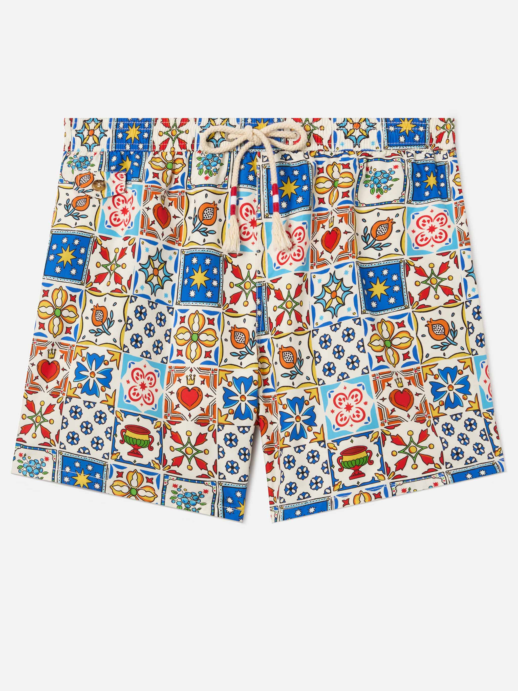 Lighting 70 Swim Shorts With Multicolor Majolica Print White Swimshort