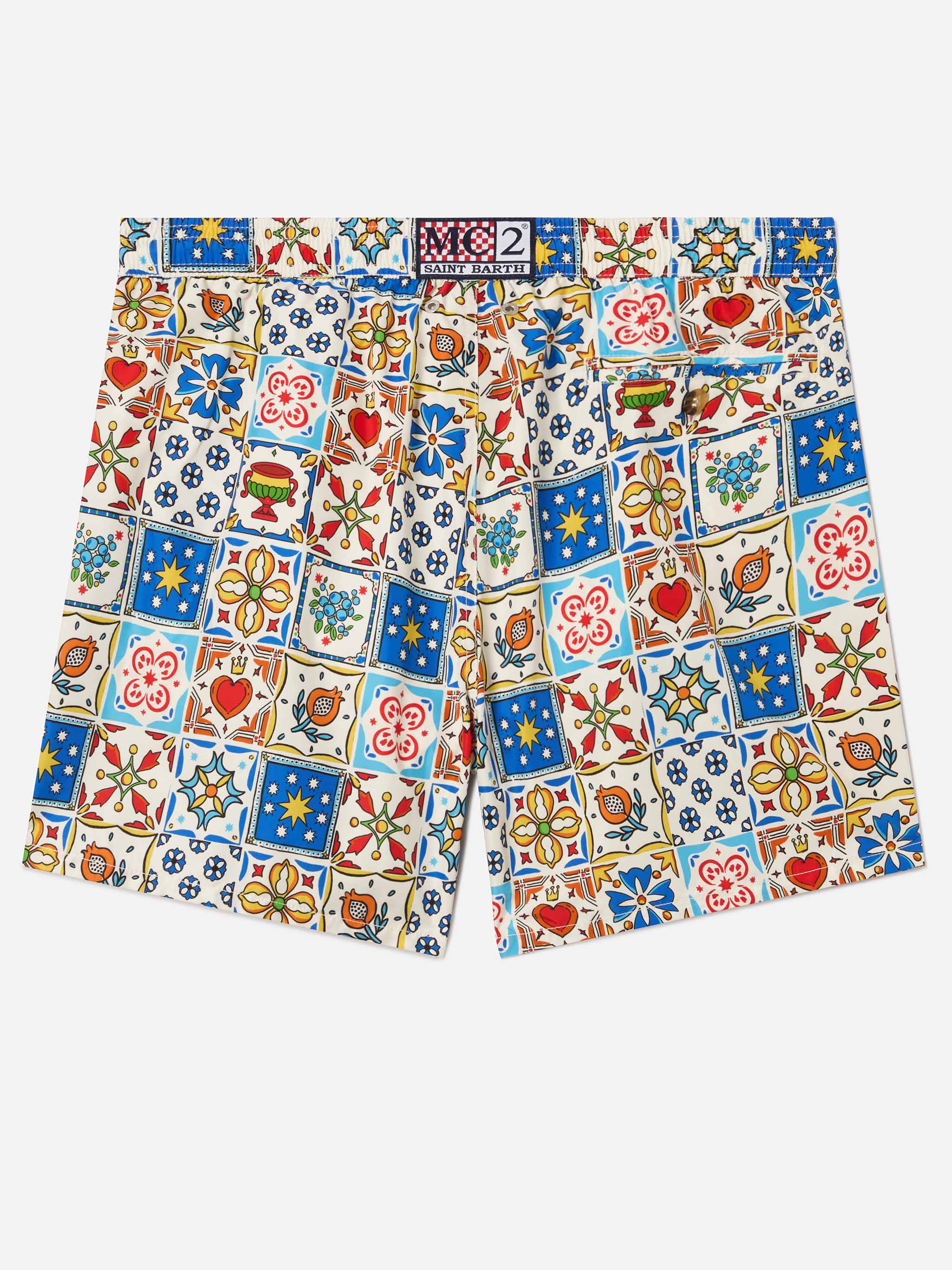 Lighting 70 Swim Shorts With Multicolor Majolica Print White Swimshort